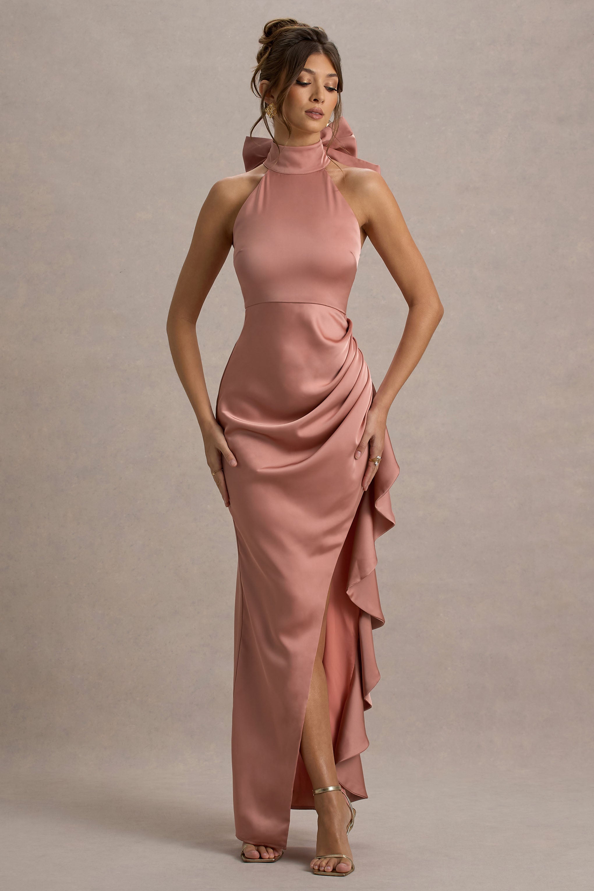 Maureen | Pink Satin High-Neck Draped Maxi Dress