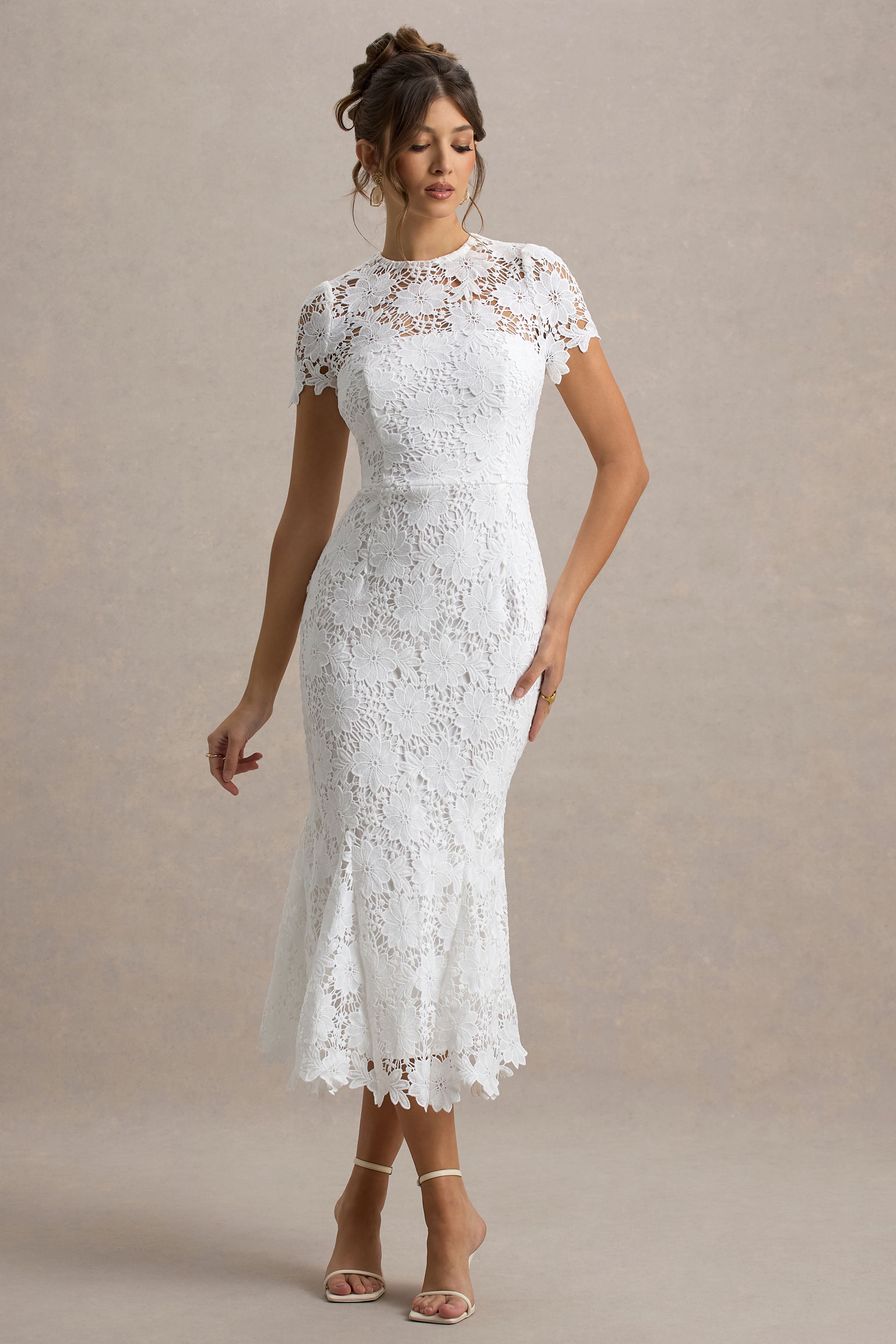 Clarissa | White Lace Short-Sleeve Pleated Midi Dress