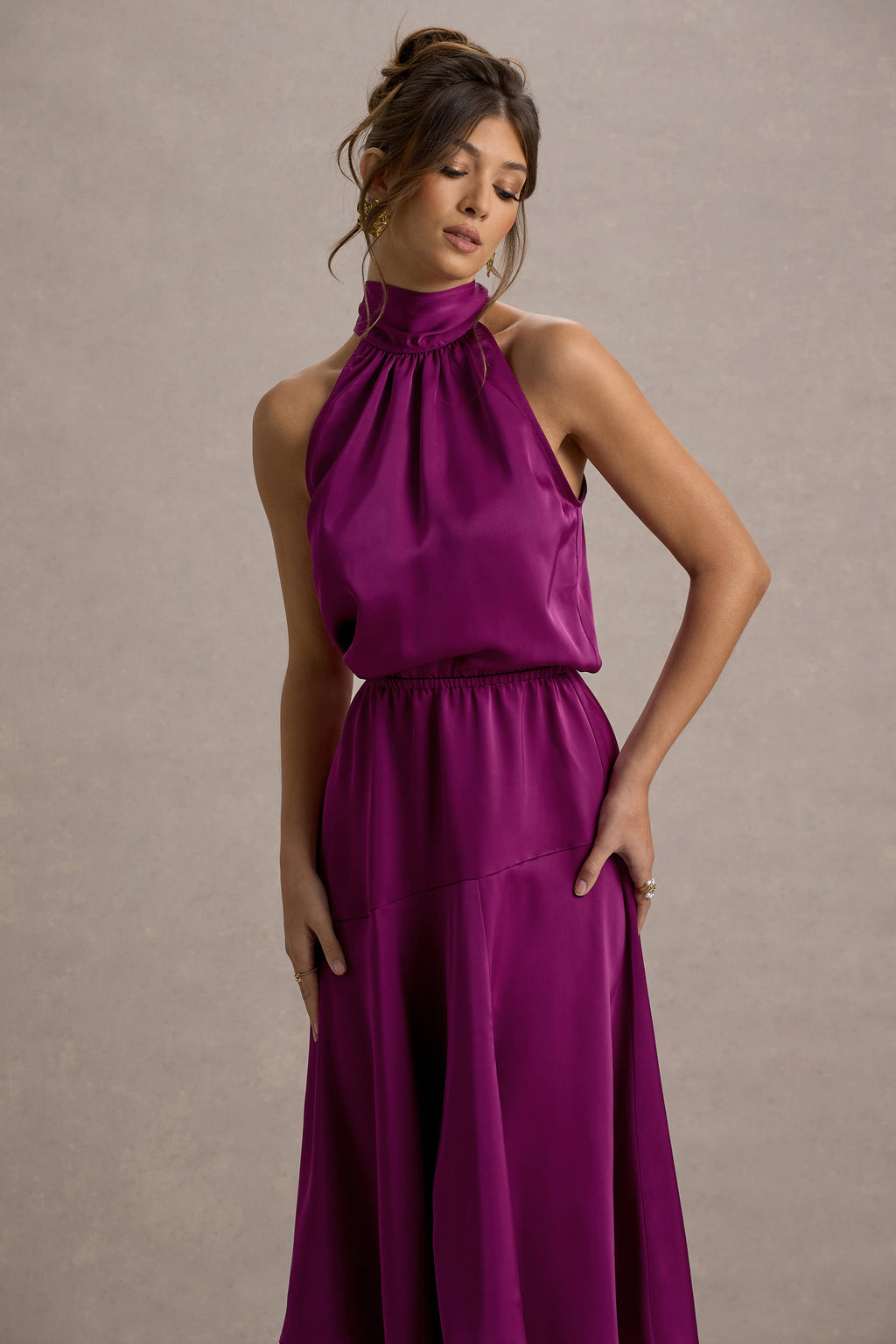 Palonia | Dark Pink Satin High-Neck Split Midi Dress