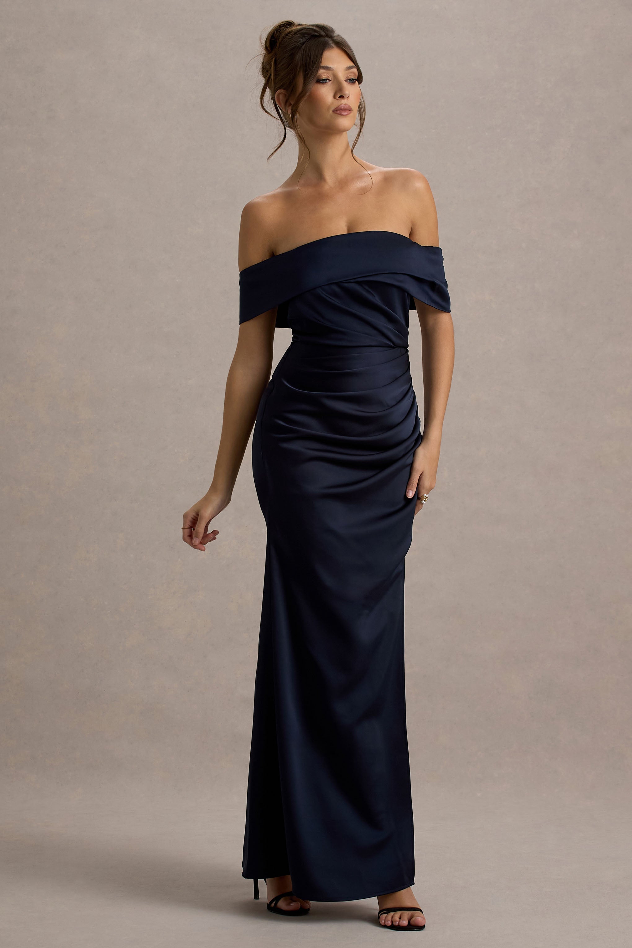 Martine | Navy Satin Bardot Wrap Maxi Dress