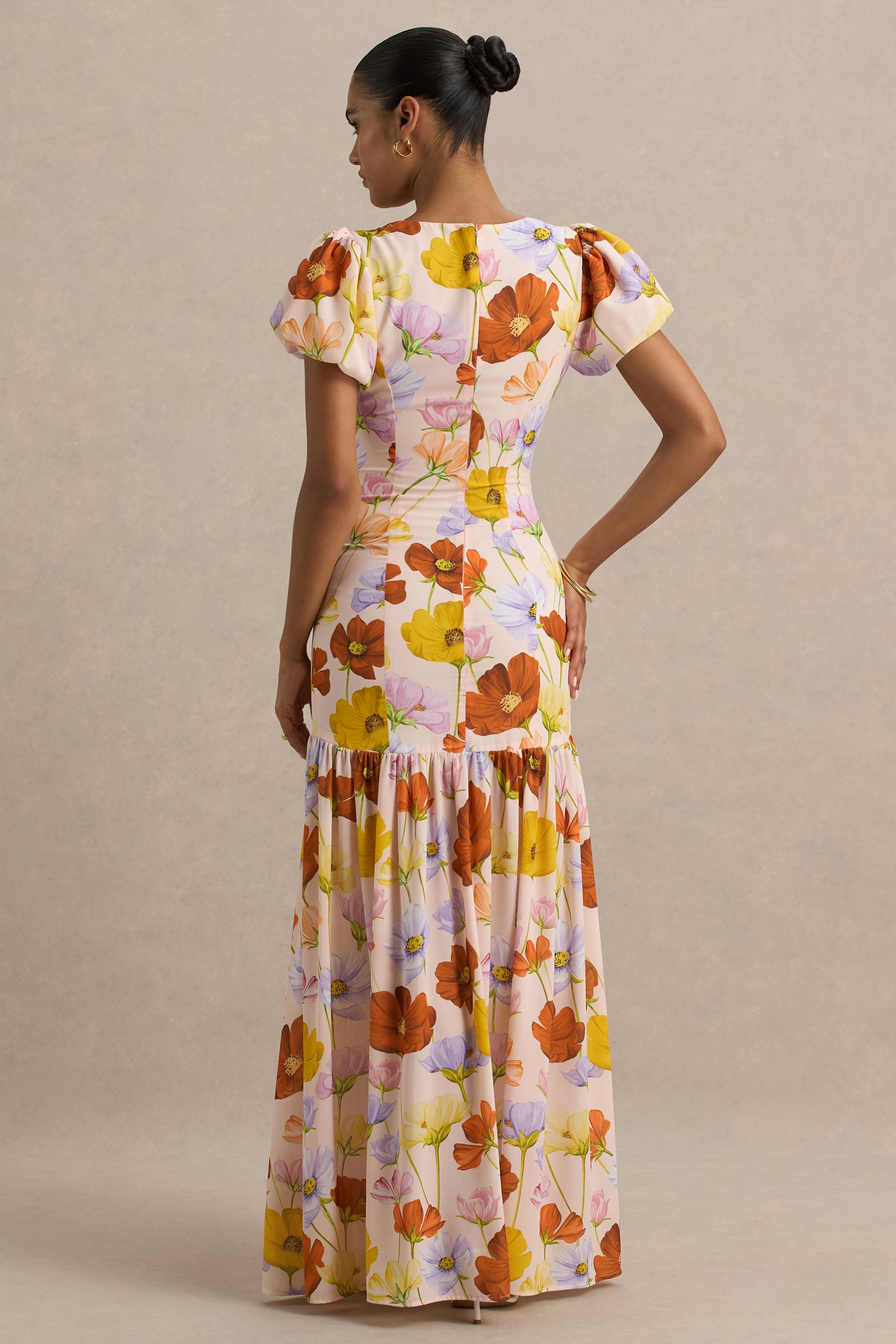 Ginny | Bright Floral Print Puff-Sleeve Split Maxi Dress