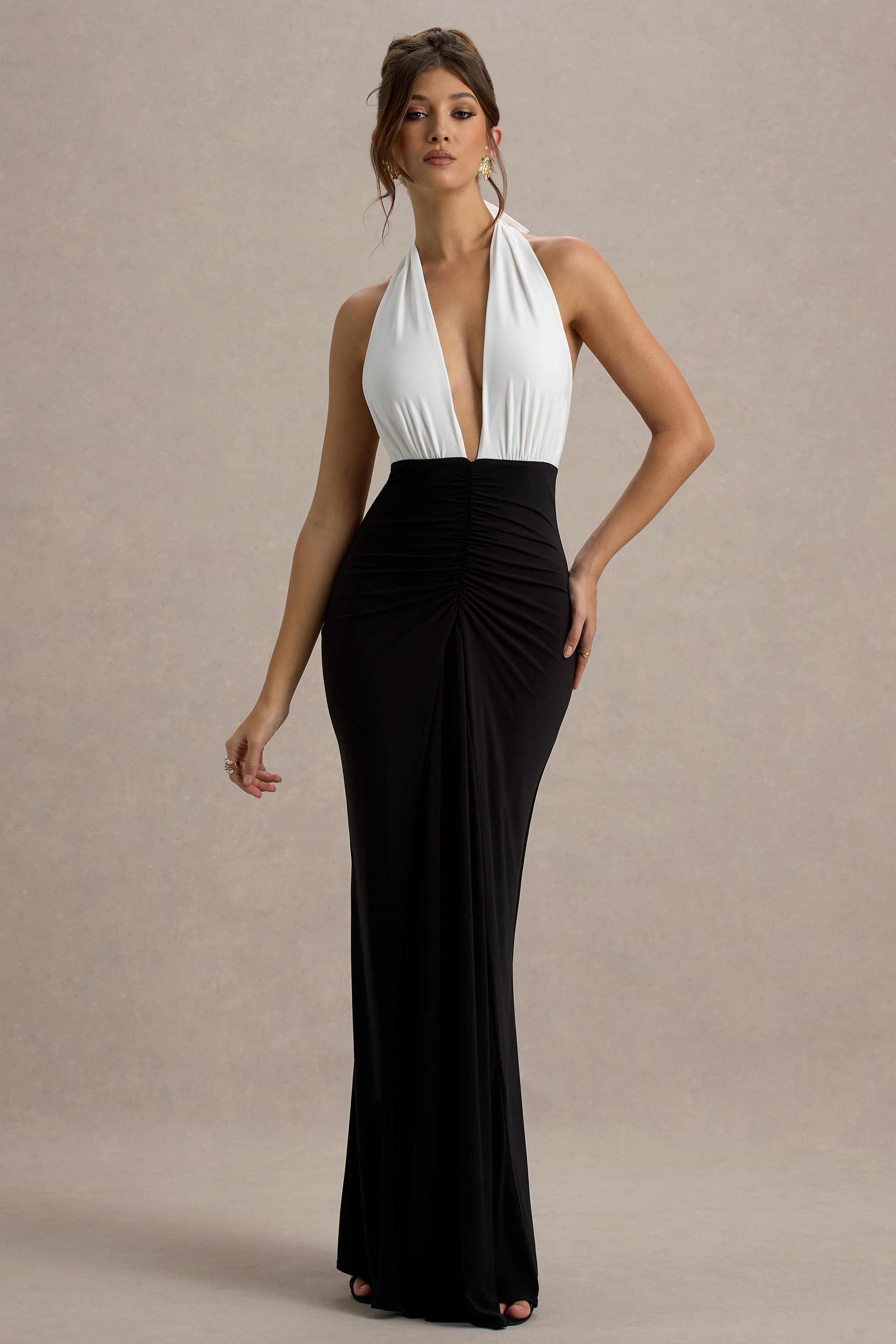 Payton | Black & White Ruched Halter-Neck Maxi Dress