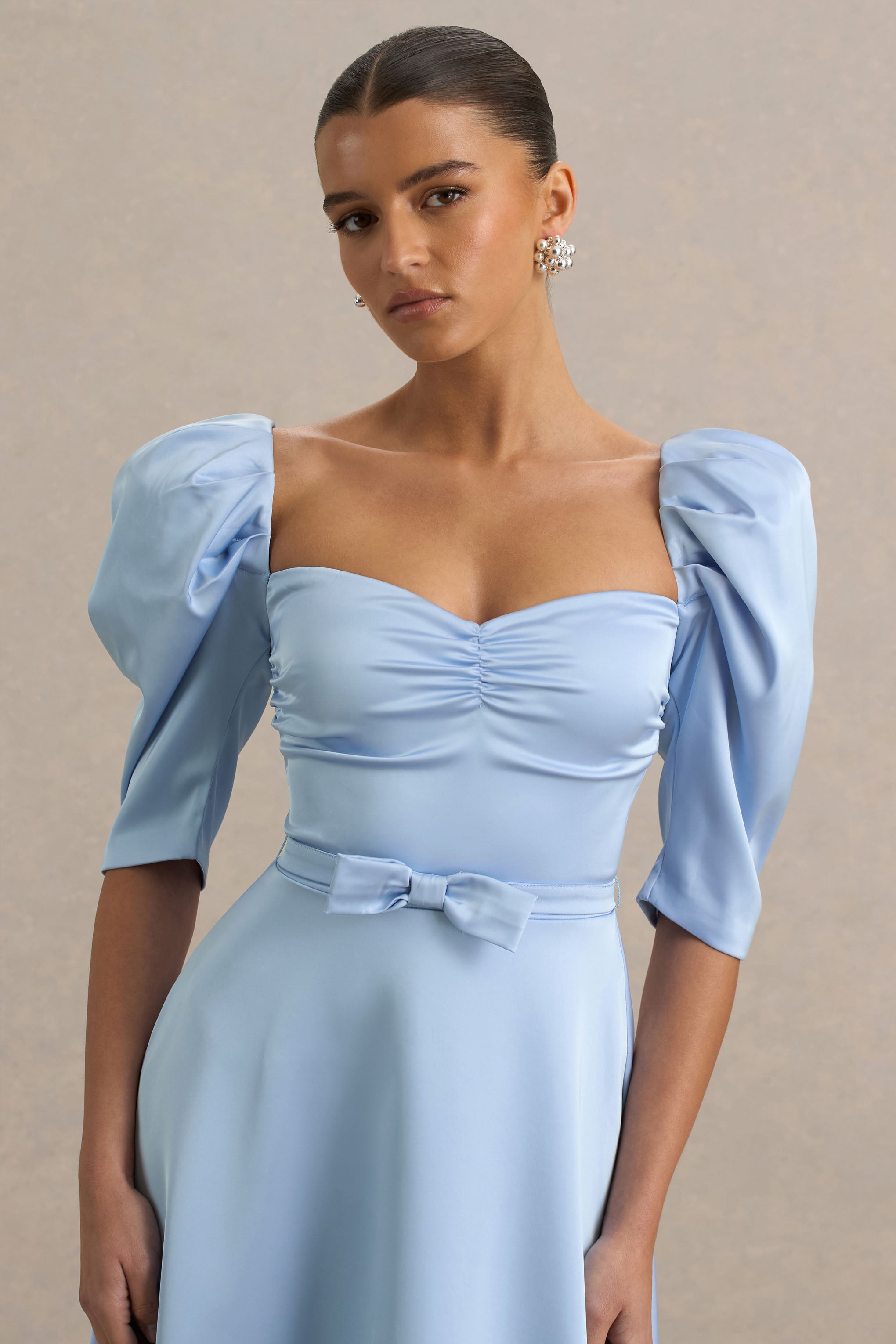 Rosey | Powder Blue Satin Sweetheart Midi Dress