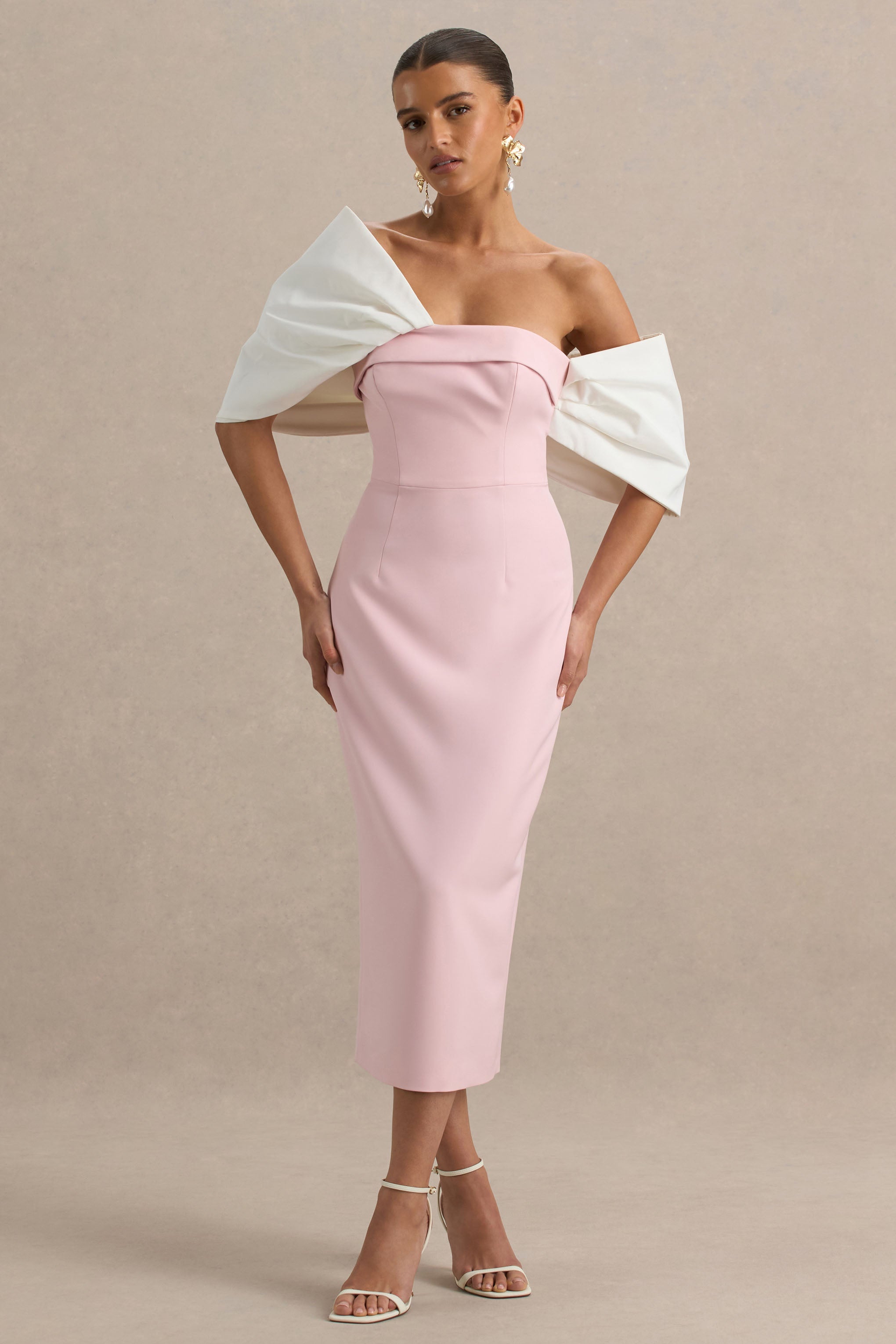 Lucille | Rose Pink & White Asymmetric Bardot Midi Dress