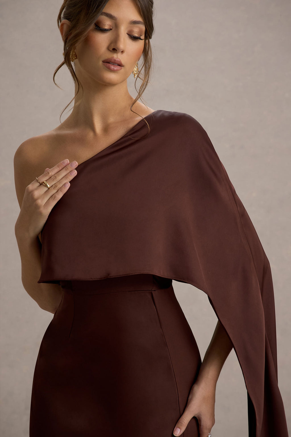 Amora | Brown Satin Asymmetric Cape-Sleeve Split Maxi Dress