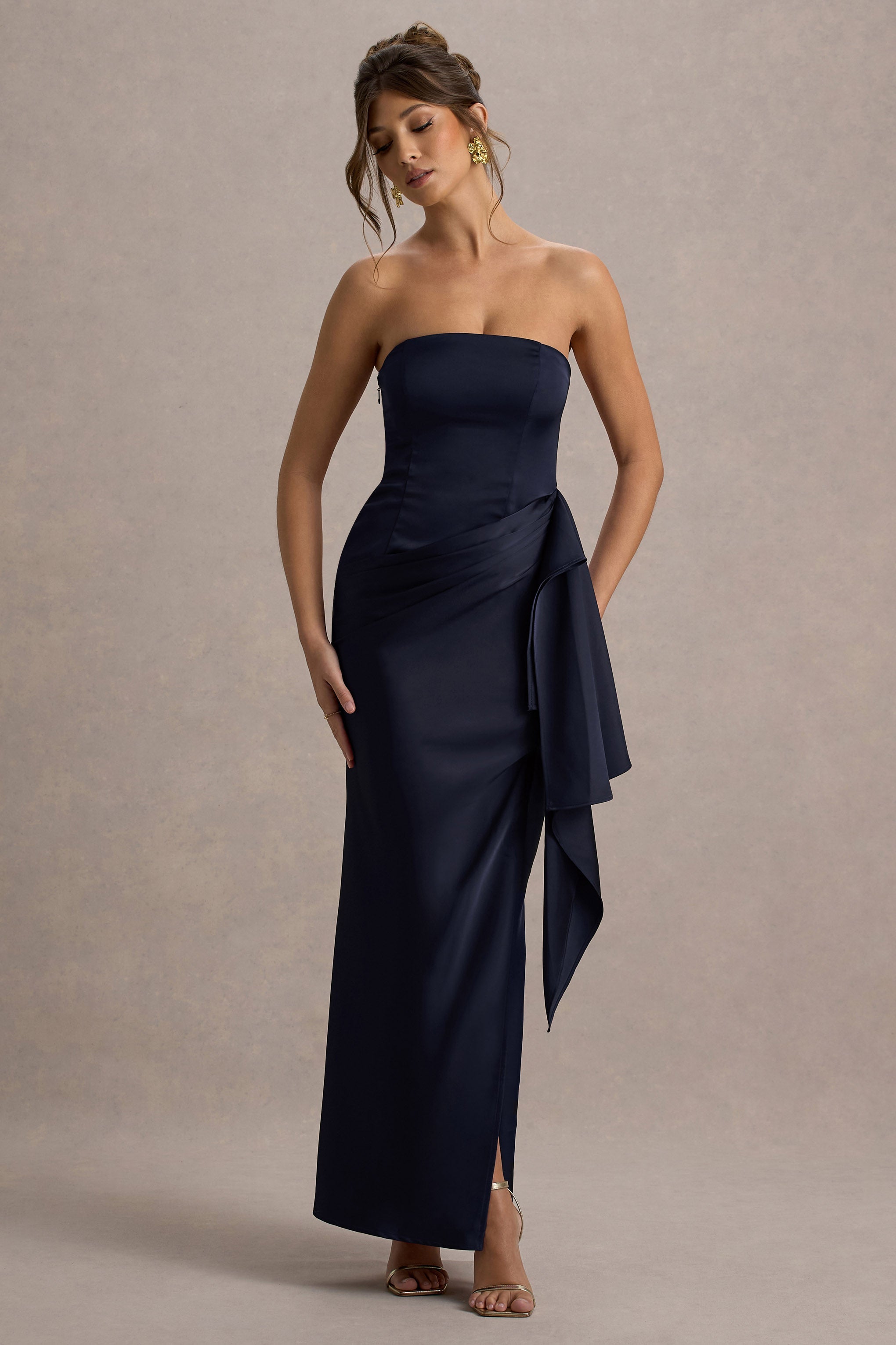 Loz | Navy Satin Bandeau Draped Maxi Dress