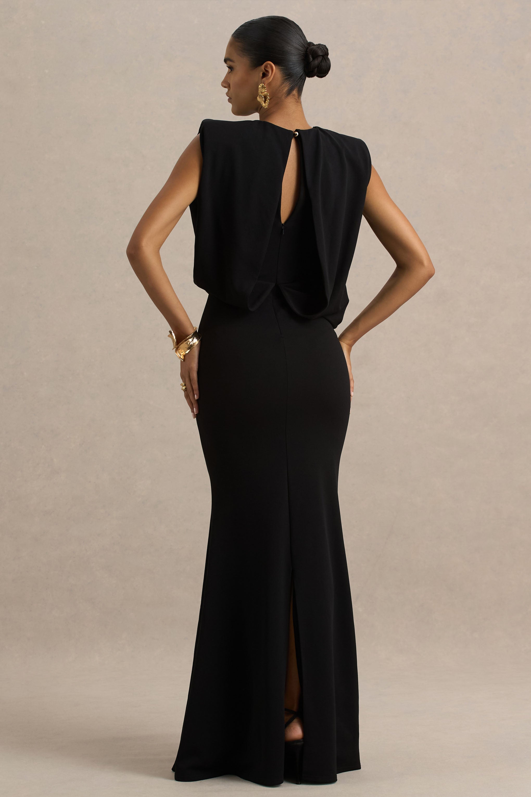 Meave | Black High Neck Maxi Dress With Draping Detail
