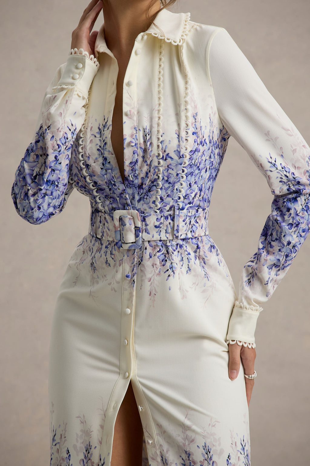 Zephy | Wisteria Print Belted Shirt Midi Dress