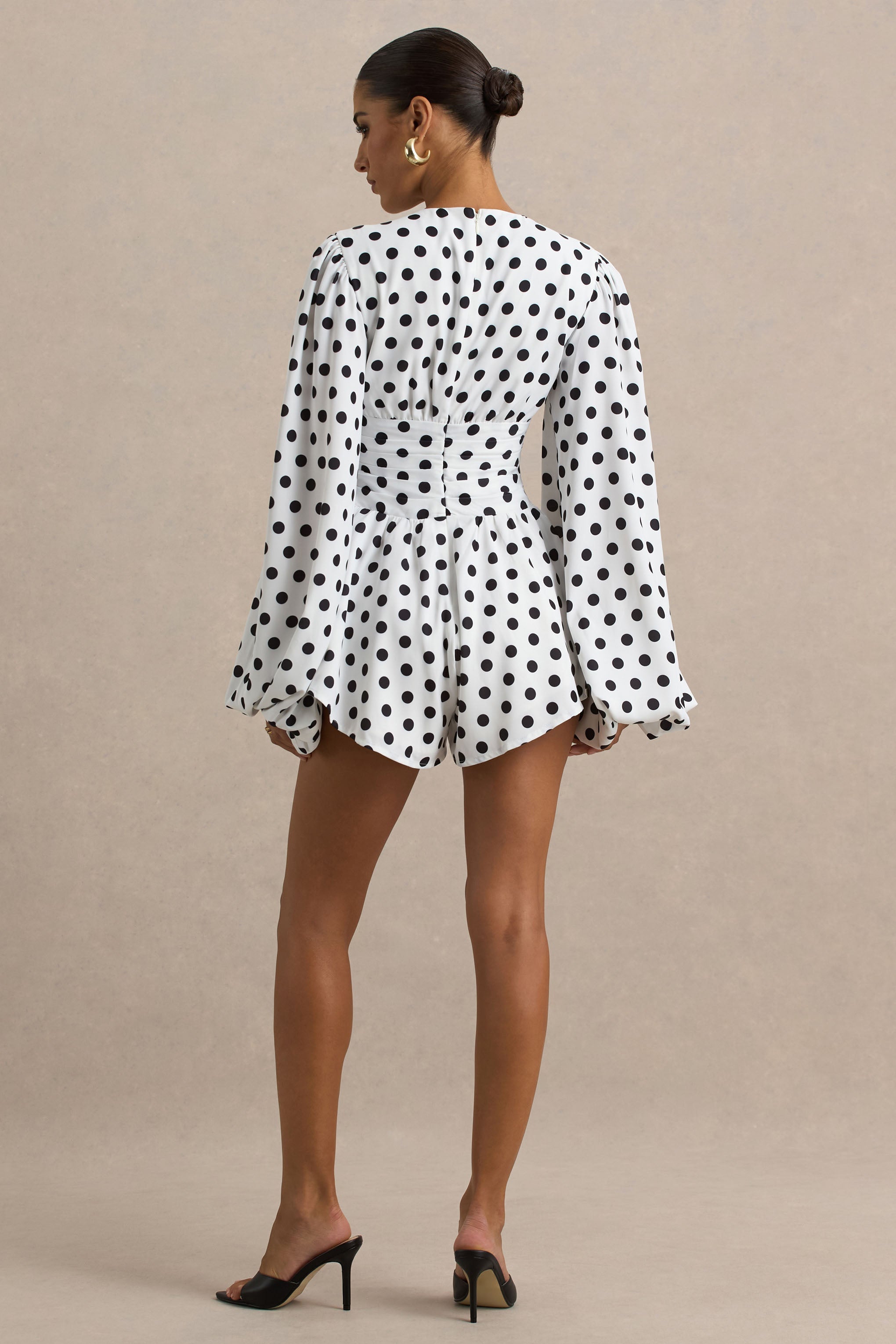 Laurel | White Polka Dot V-Neck Balloon Sleeve Playsuit
