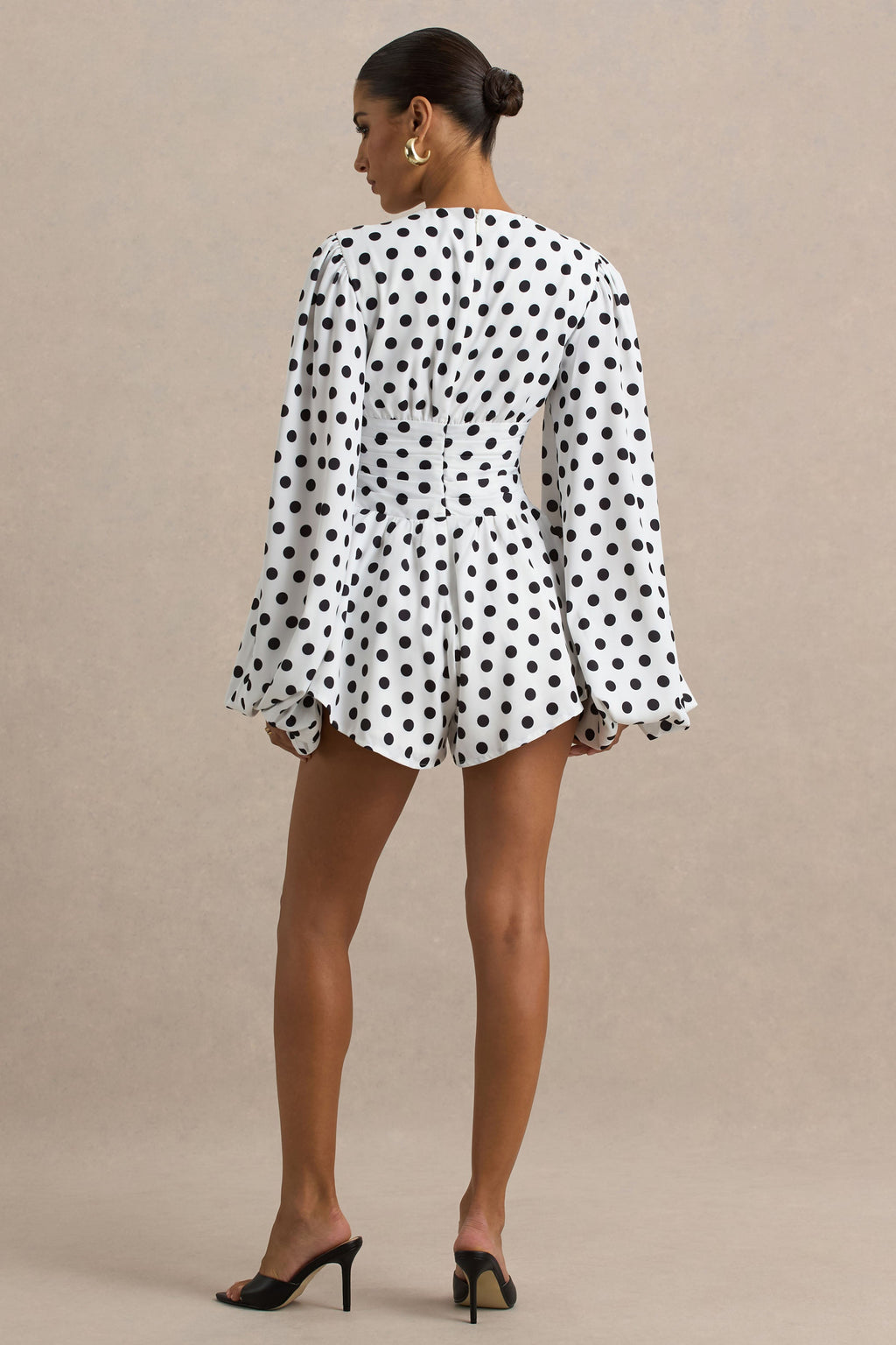 Laurel | White Polka Dot V-Neck Balloon Sleeve Playsuit