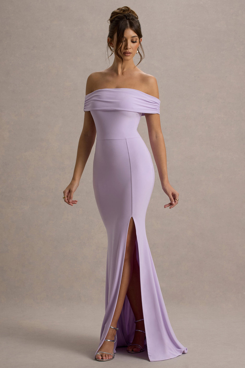 Law of Attraction | Lilac Bardot Draped Split Maxi Dress