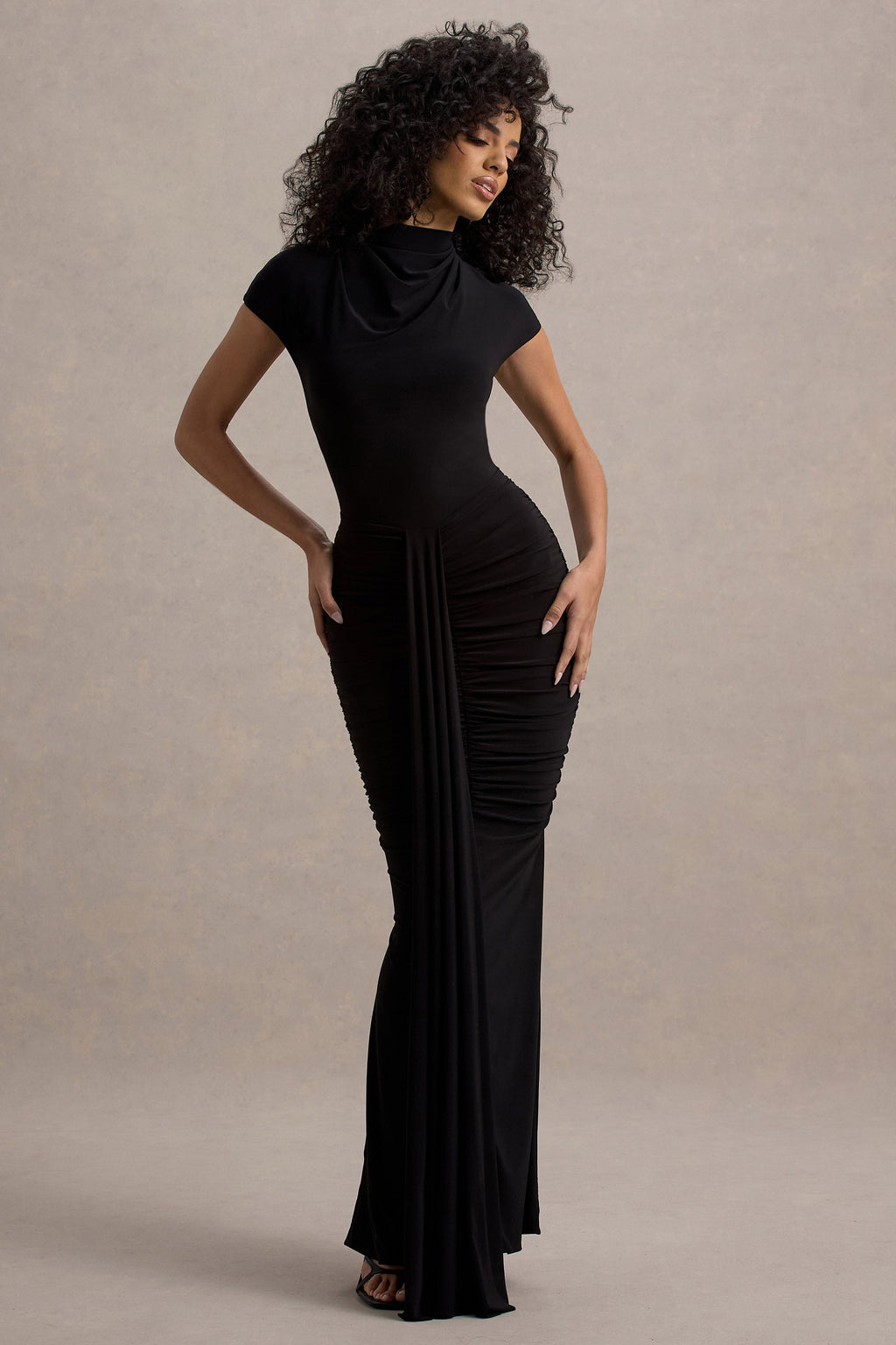 Lorenza | Black High-Neck Ruched Maxi Dress With Draped Skirt