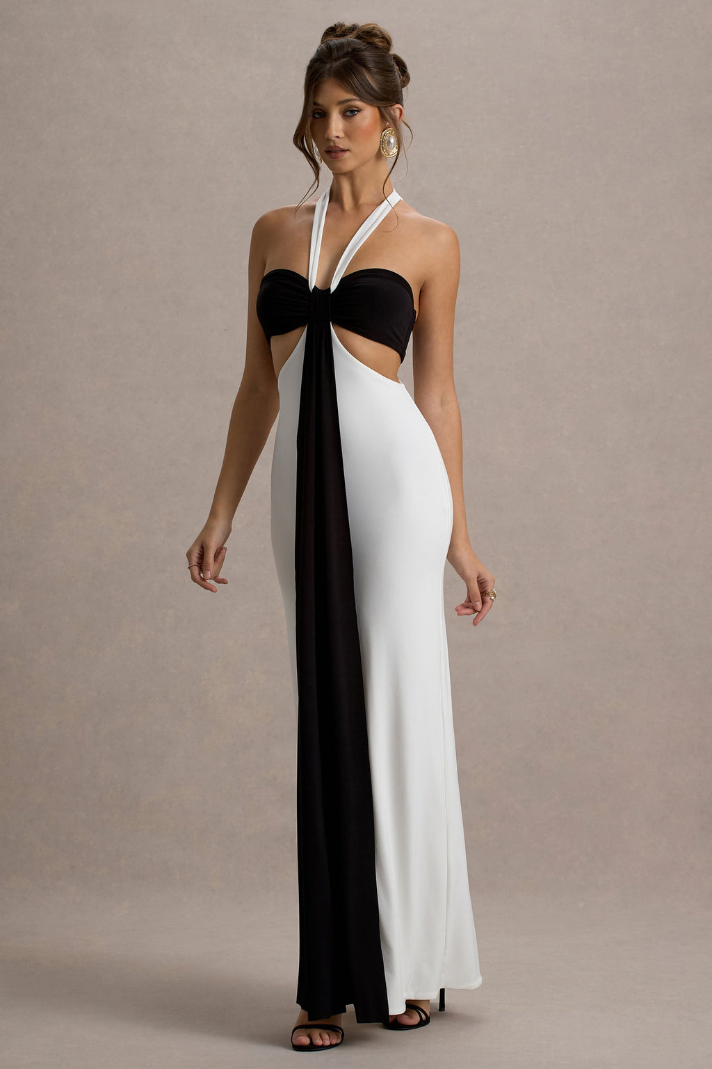 Acentis | Black & White Halter-Neck Cut-Out Maxi Dress