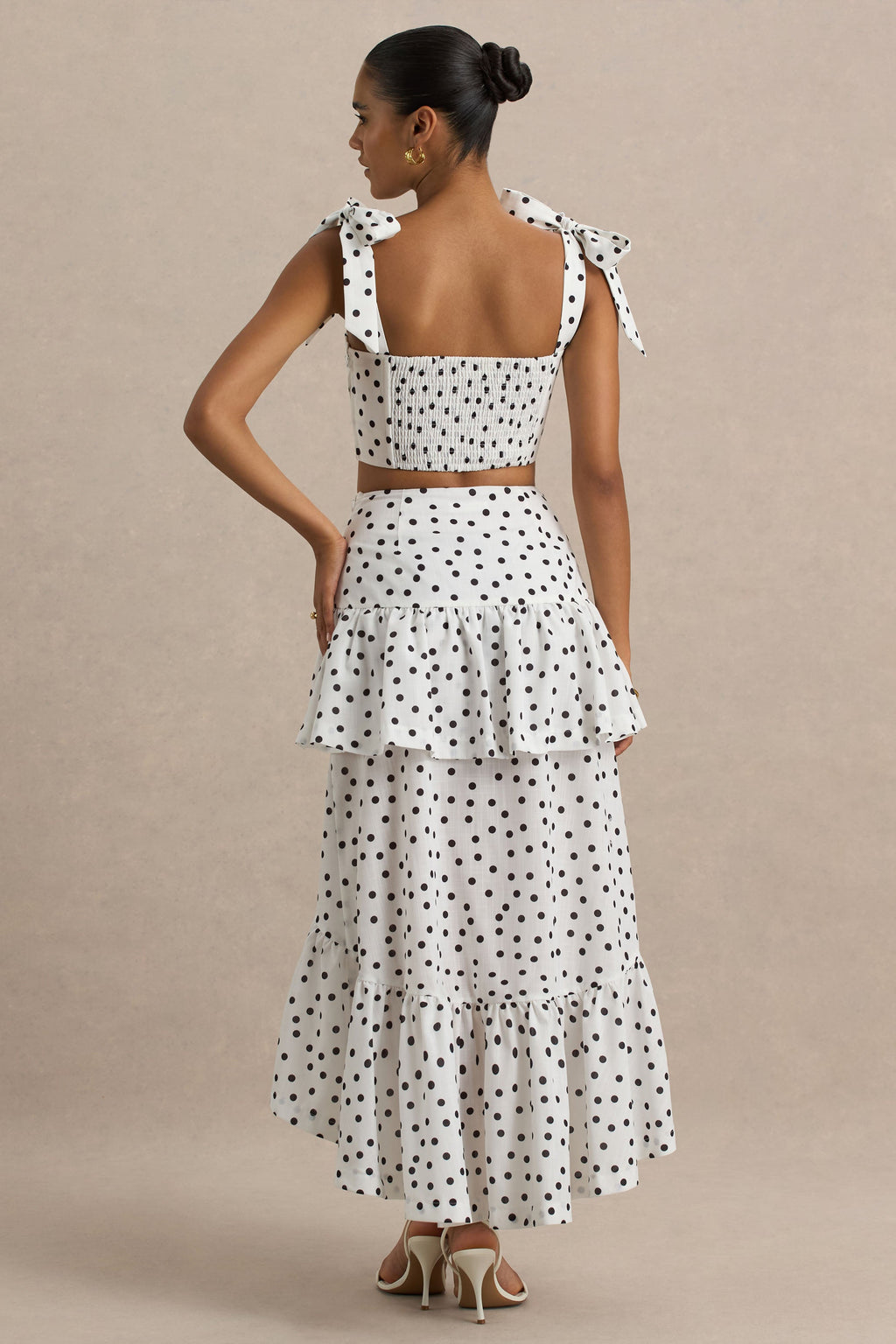 Emry | White Polka Dot High-Waist Maxi Skirt With Ruffle Detail