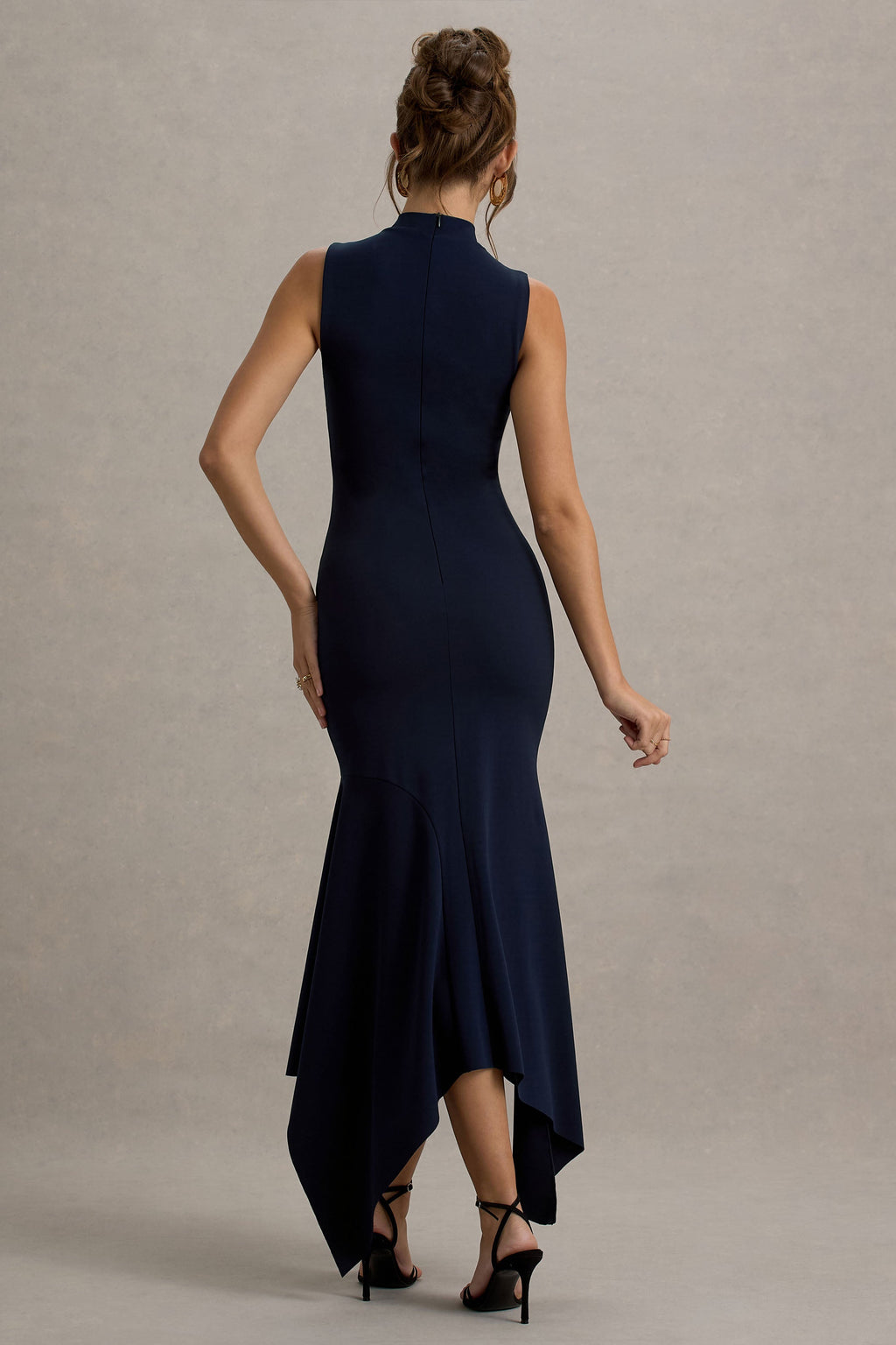 Janice | Navy High-Neck Hanky-Hem Maxi Dress