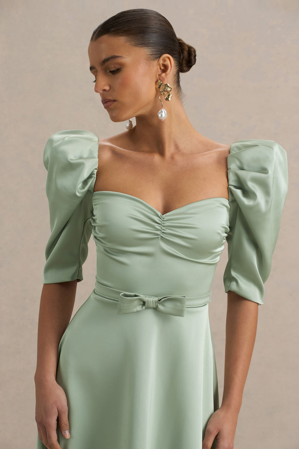 Rosey | Green Satin Sweetheart Midi Dress