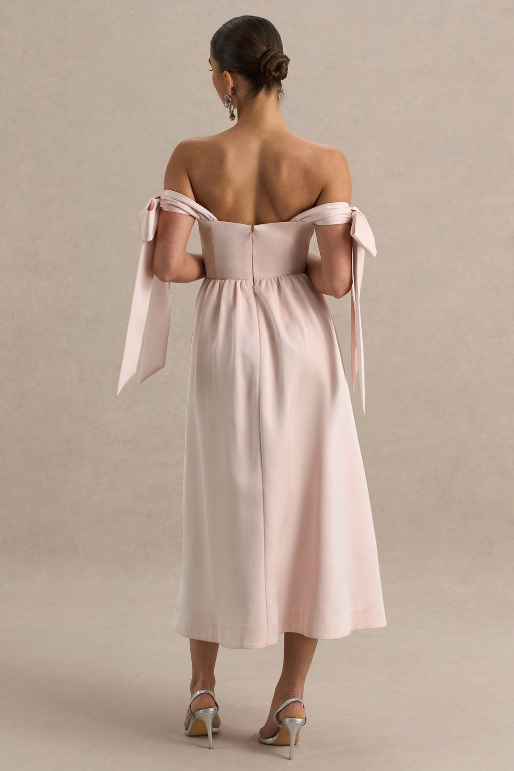 Agafay | Rose Pink Satin Short-Sleeve Bardot Wrap Midi Dress With Bow Detail