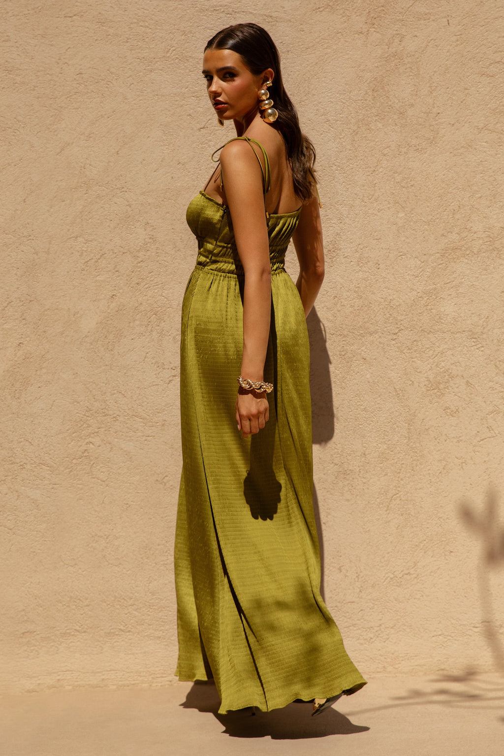 Azalea | Green Square-Neck Maxi Dress With Chest Cut-Out And Pleated Detailing