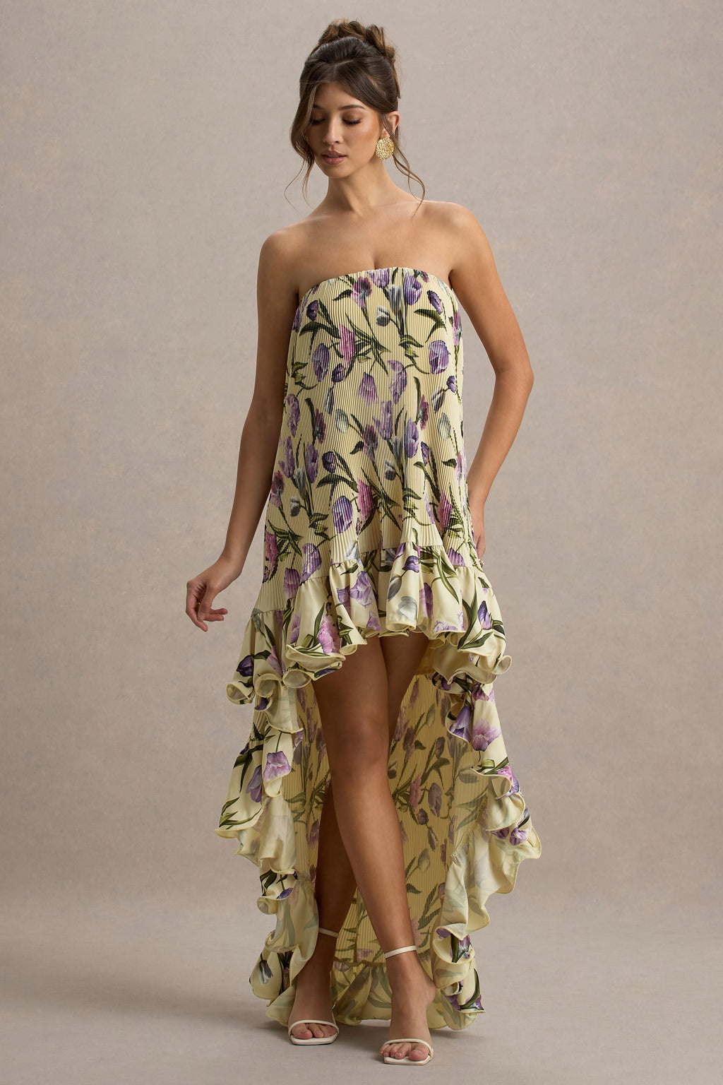 Whistler | Tulip Floral Print Chiffon Bandeau High-Low Ruffled Maxi Dress