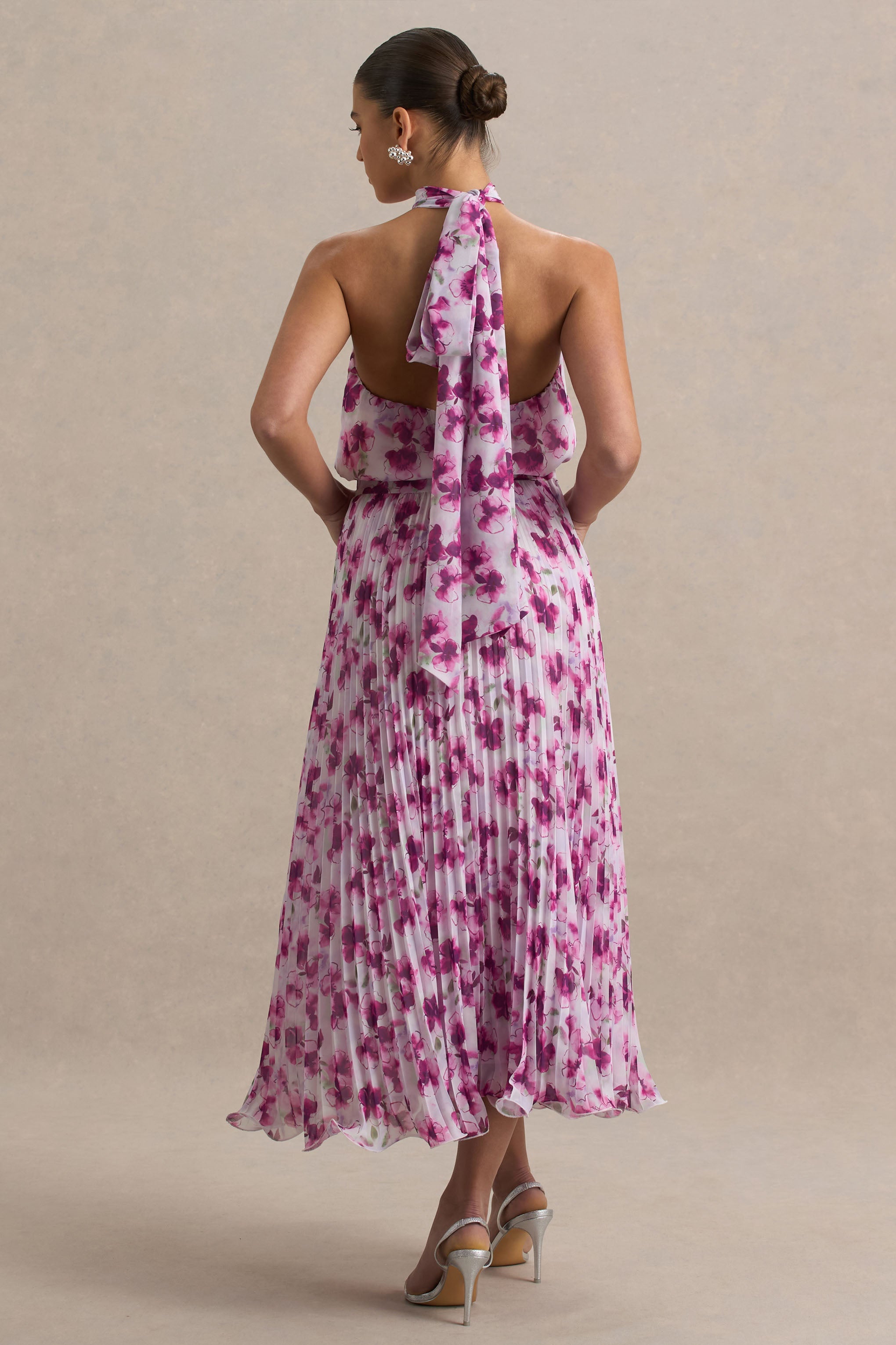 Refractive | Purple Floral Print Satin Maxi Dress With Halter-Neck and Pleated Skirt