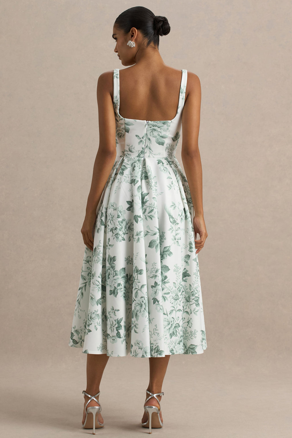 Lissa | Green Porcelain Print Square-Neck Midi Dress