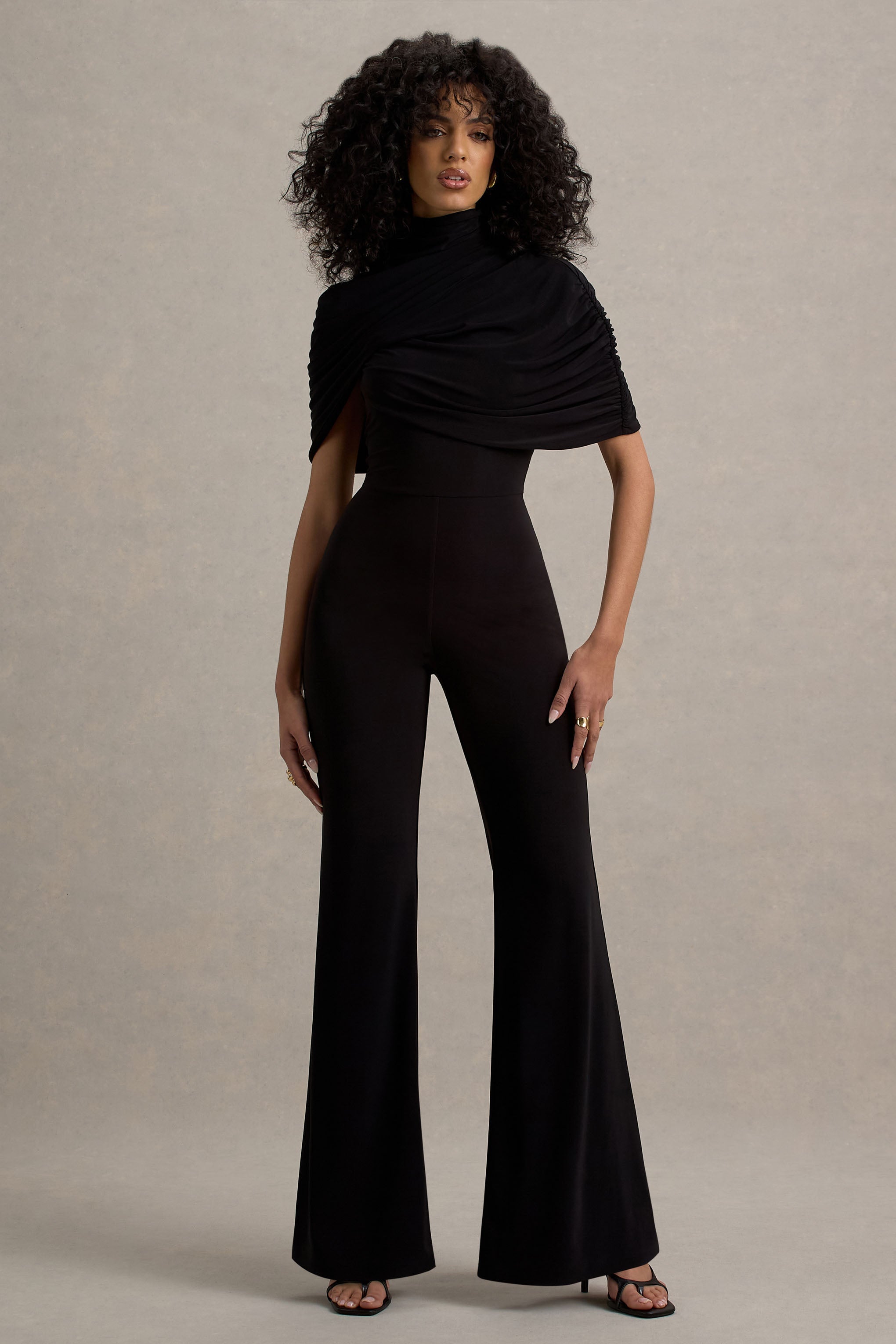 Isoline | Black Twist Cape Flared-Leg Jumpsuit