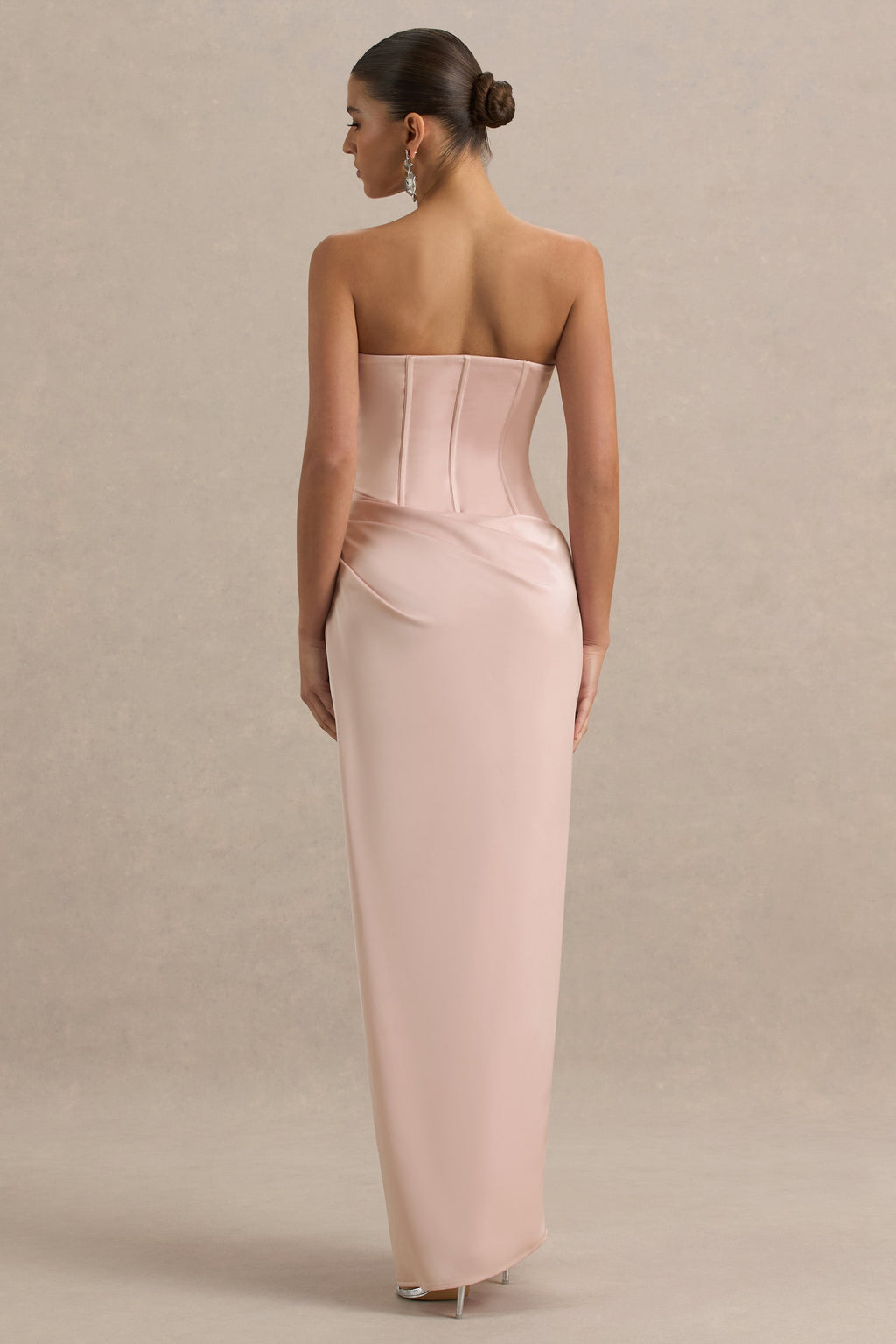 Joseline | Pale Pink Satin Corset Wrap Maxi Dress With Scarf