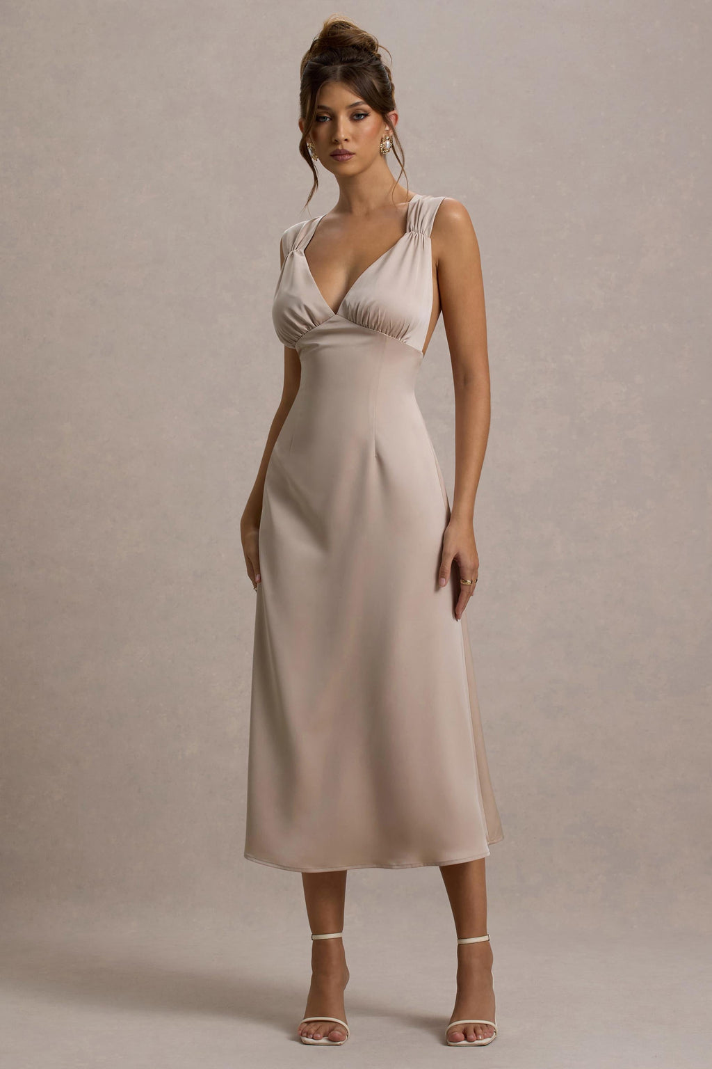 Beck | Champagne Satin Plunge-Neck Cross-Back Midi Dress
