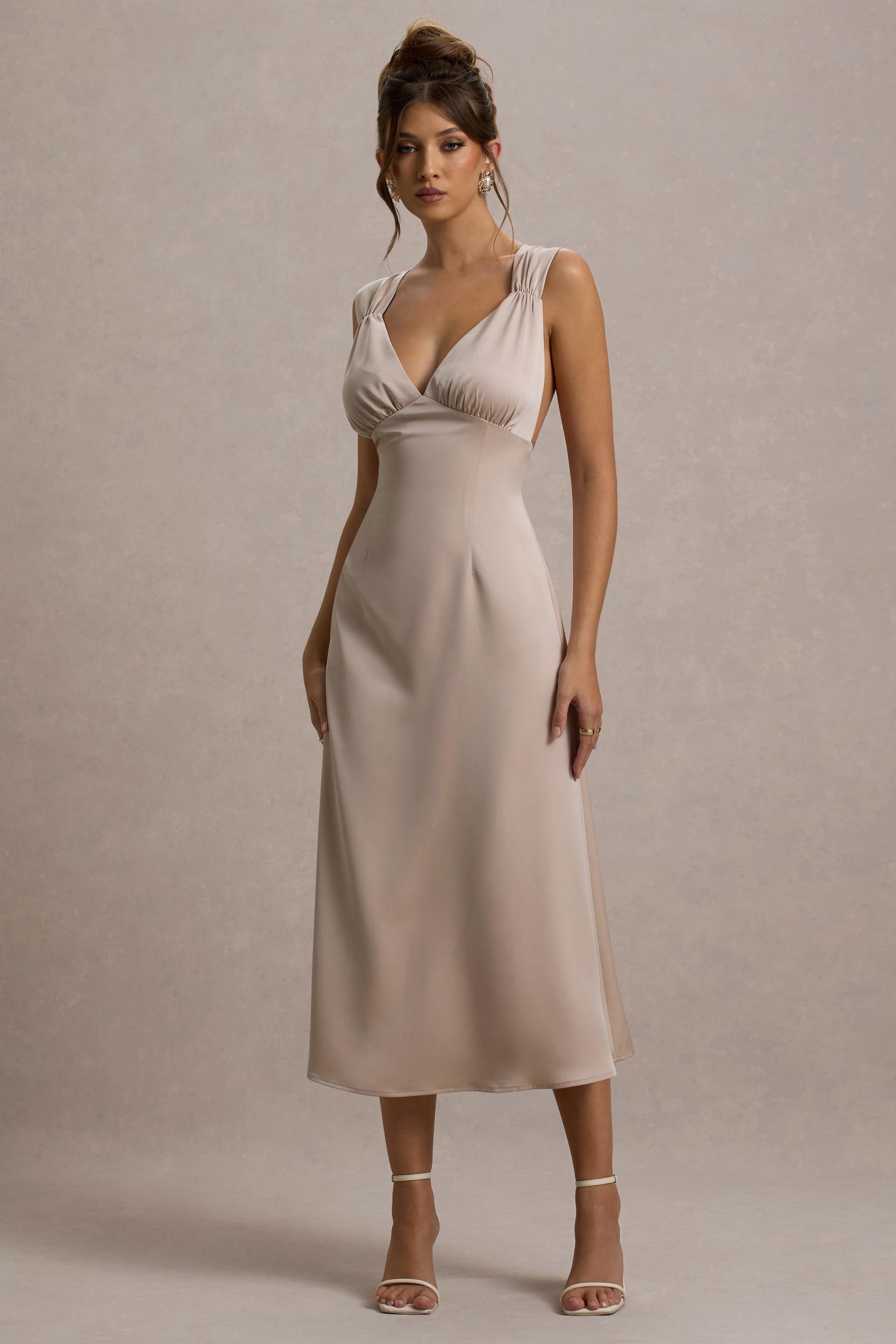 Beck | Champagne Satin Plunge-Neck Cross-Back Midi Dress
