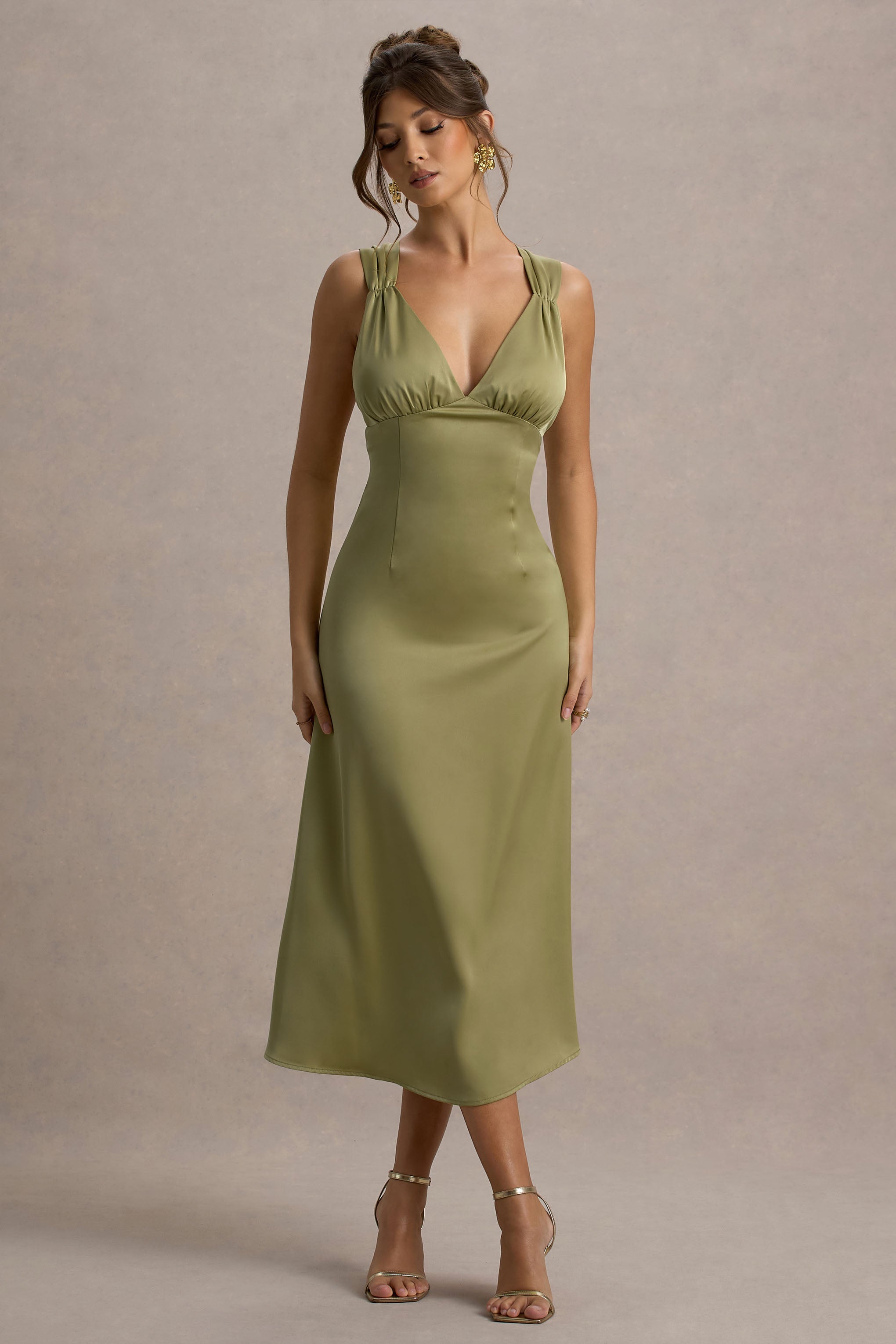 Beck | Light Green Satin Plunge-Neck Cross-Back Midi Dress