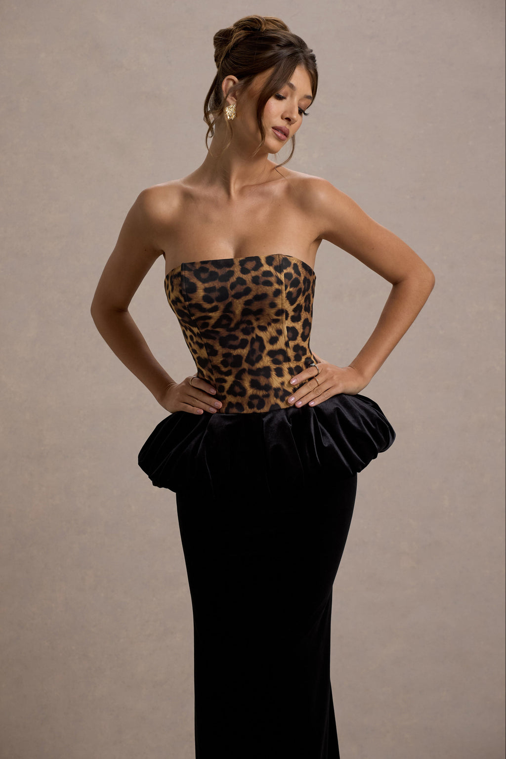Harriette | Leopard Print Bandeau Maxi Dress With Black Velvet Peplum Skirt