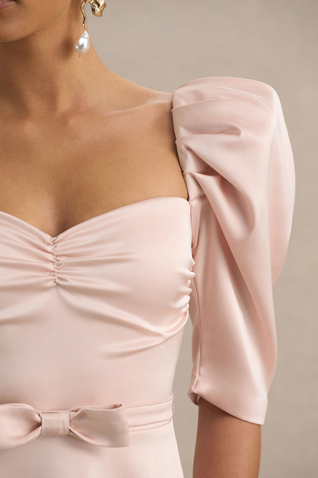 Rosey | Pale Pink Satin Sweetheart Midi Dress