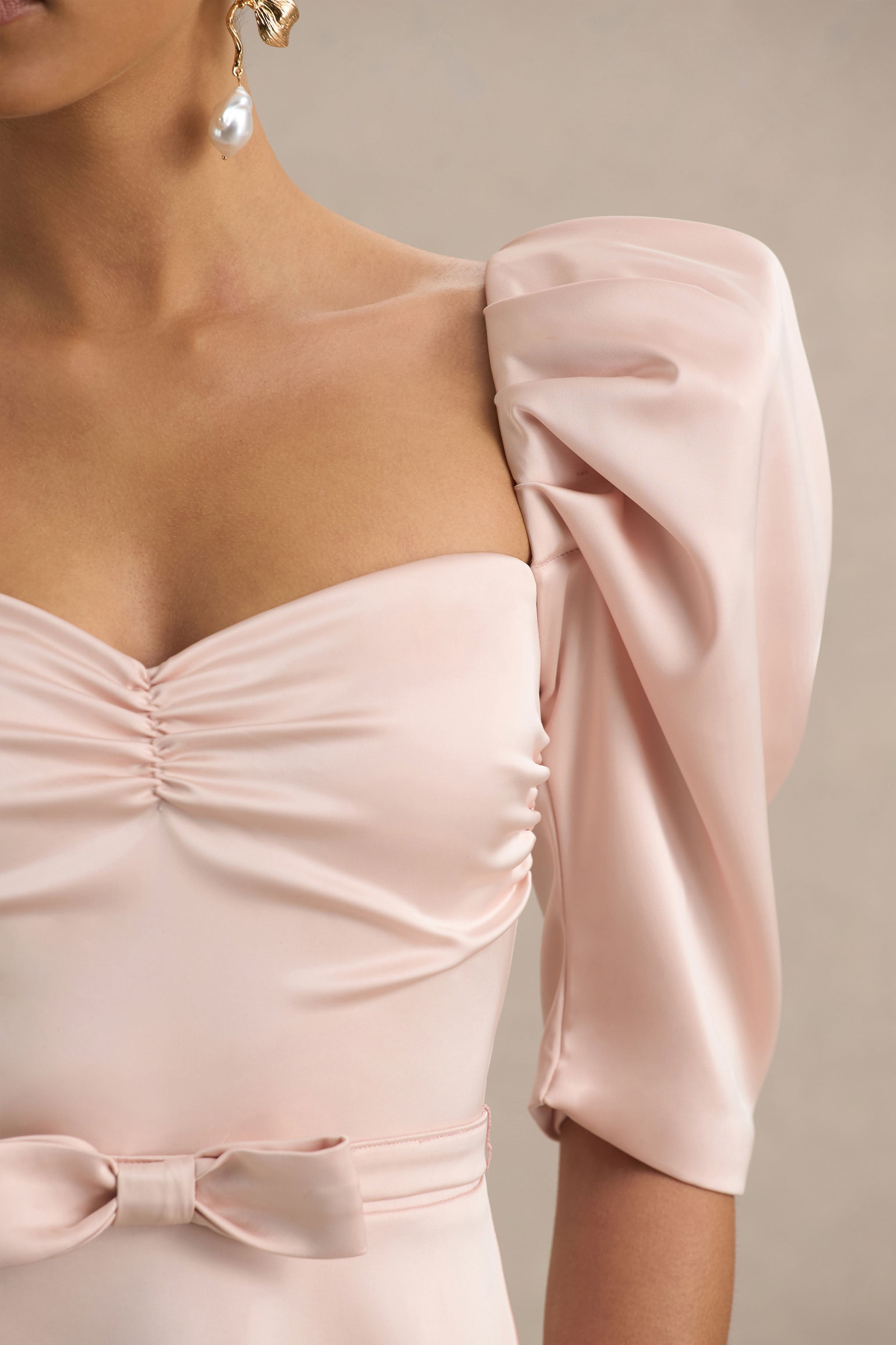 Rosey | Pale Pink Satin Sweetheart Midi Dress