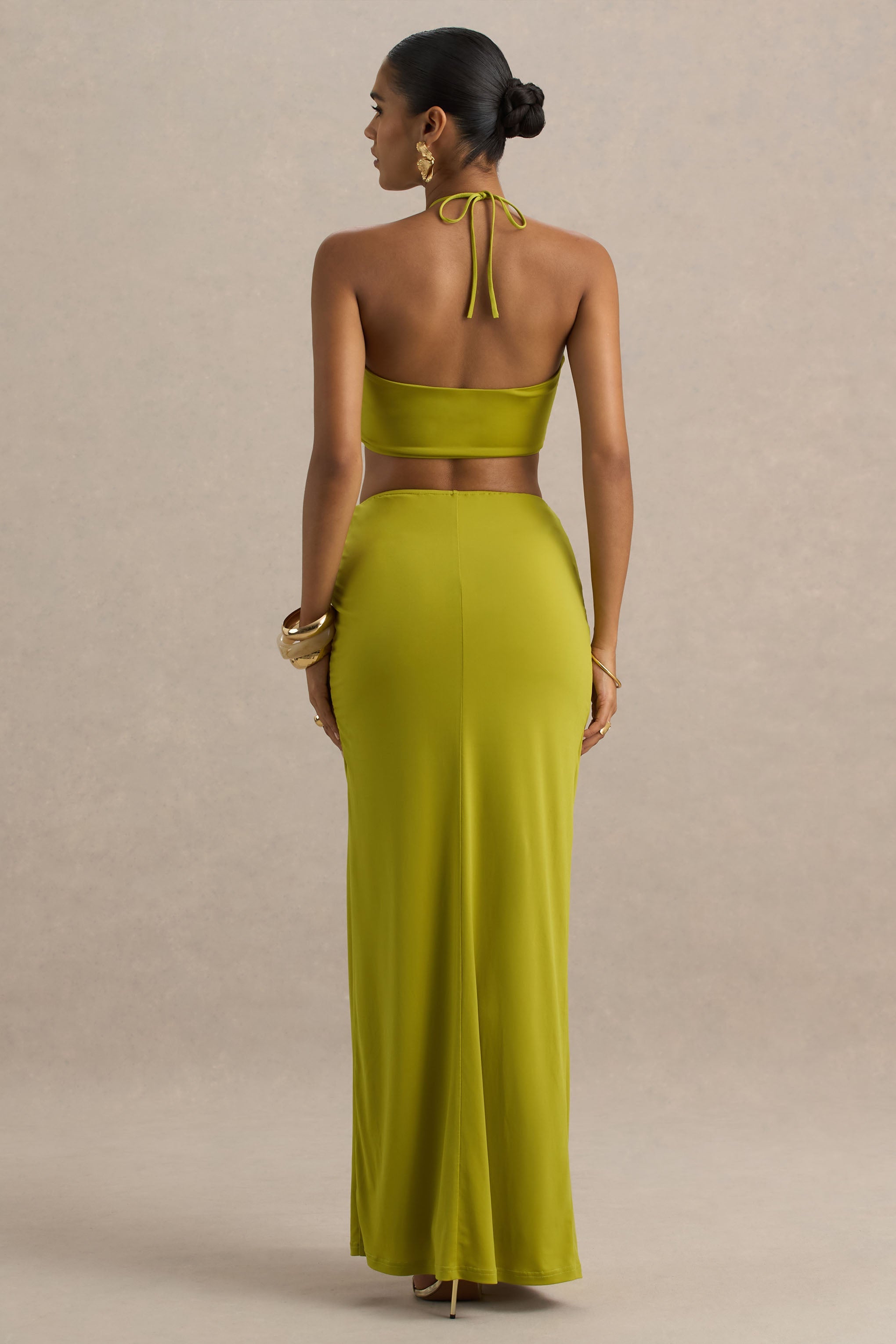 Coastline | Green Ruched Maxi Skirt With Split