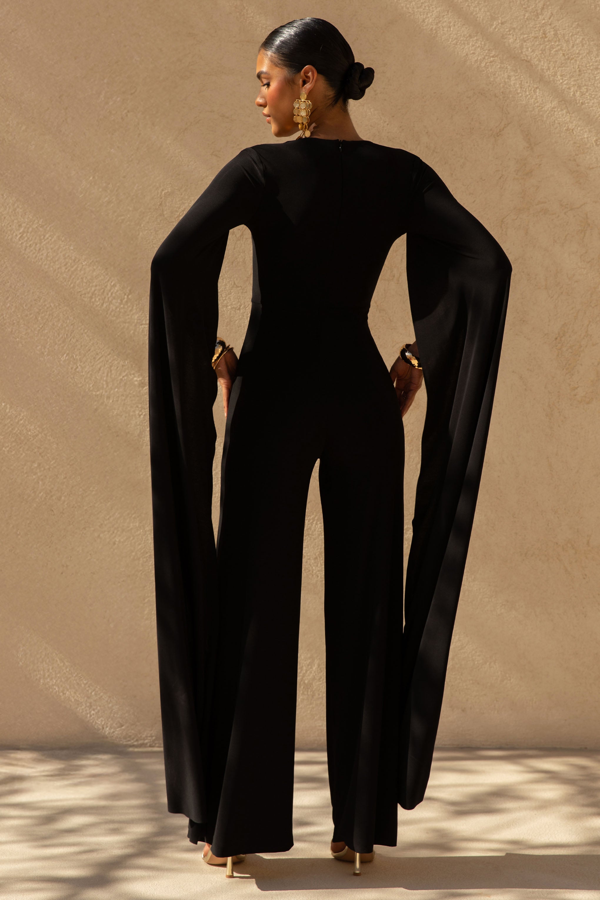 Zara | Black Square-Neck Jumpsuit With Cape Sleeves