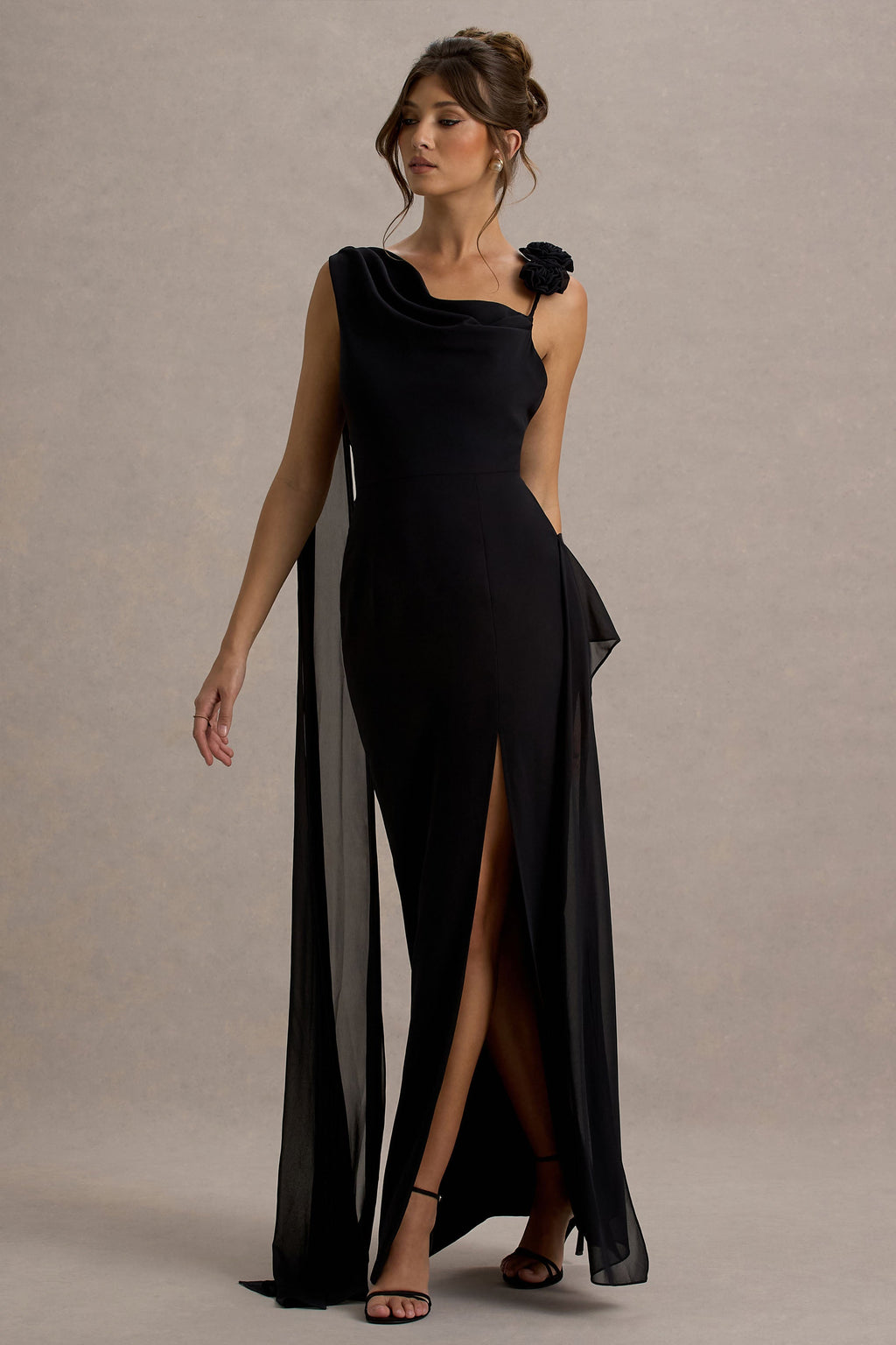 Angeline | Black Chiffon Draped Split Maxi Dress With Corsages