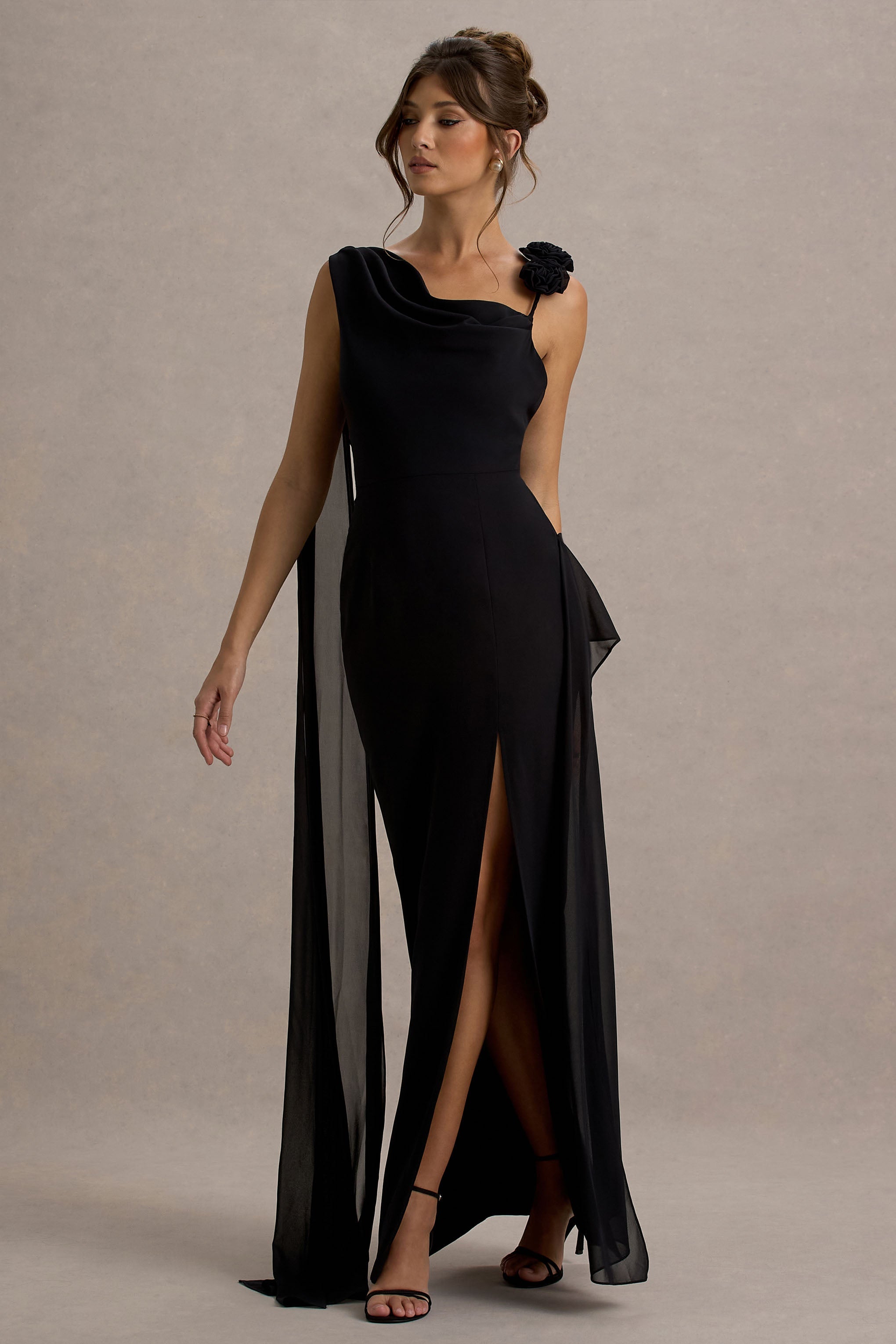 Angeline | Black Chiffon Draped Split Maxi Dress With Corsages