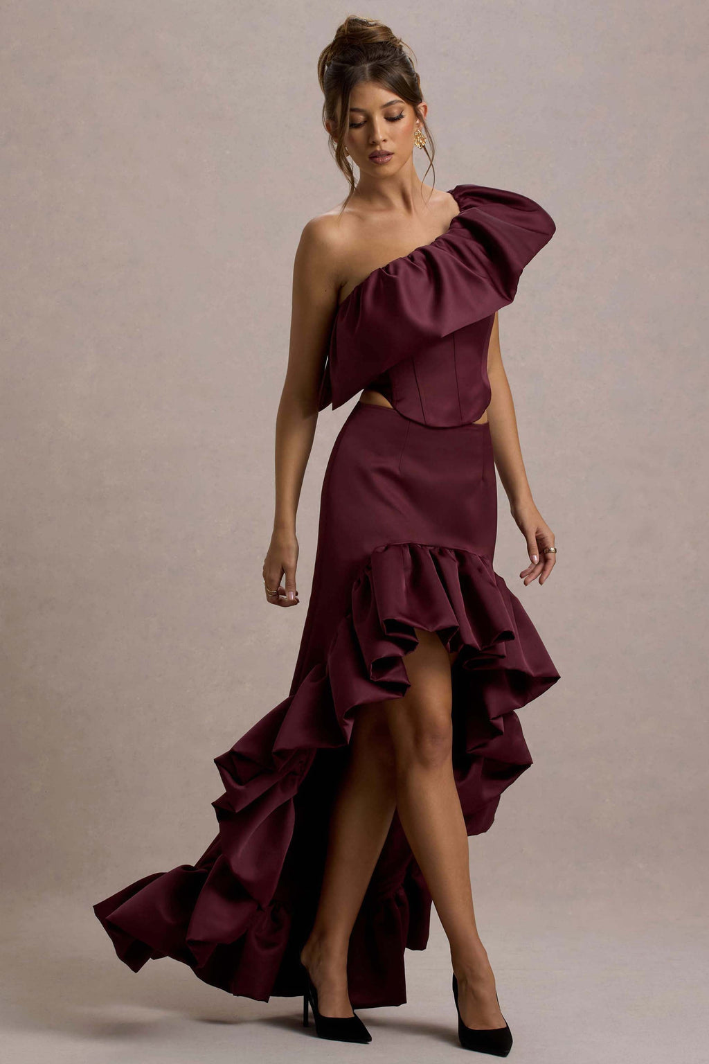 Sandie | Merlot Satin Bardot Ruffled Crop Top