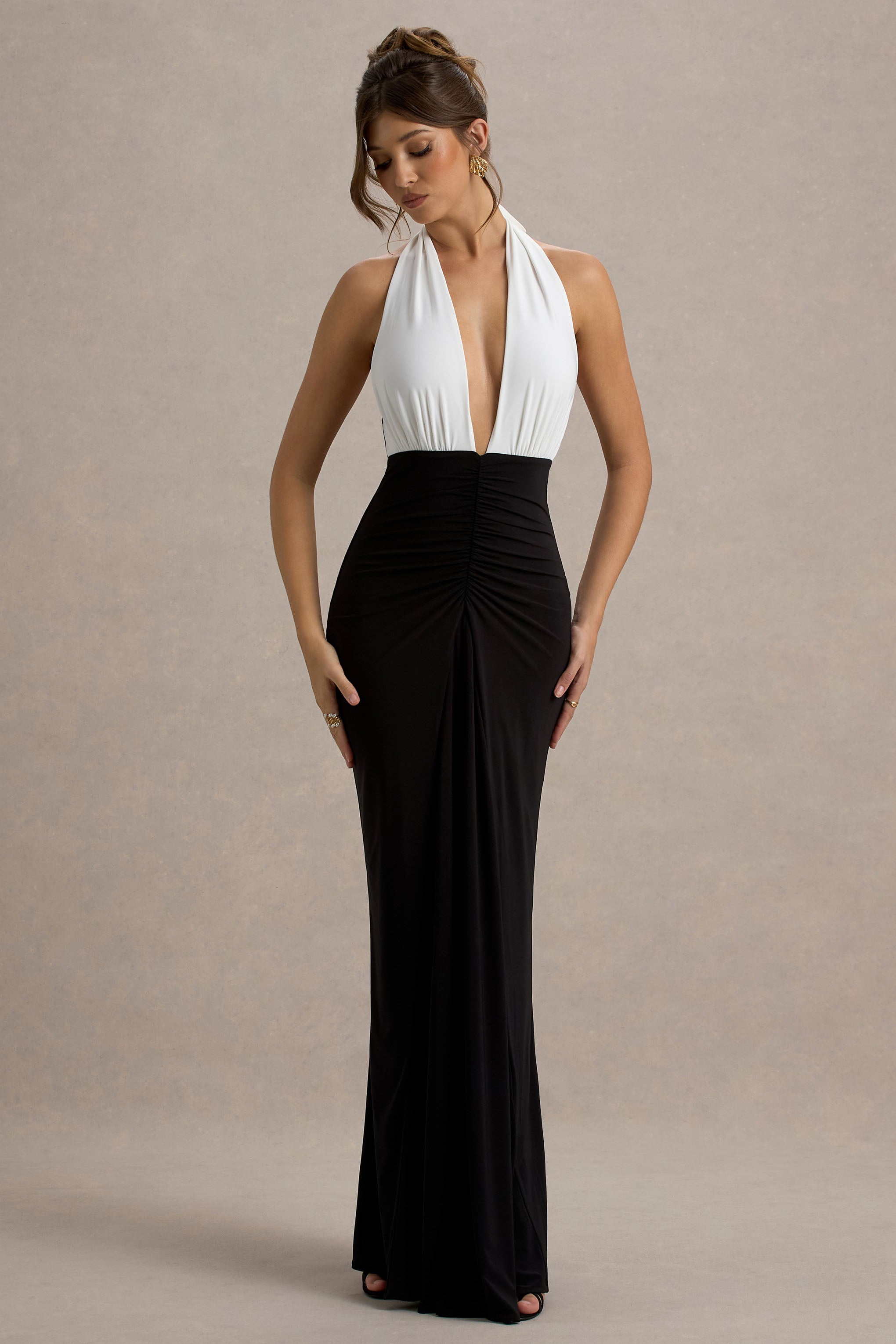Payton | Black & White Ruched Halter-Neck Maxi Dress