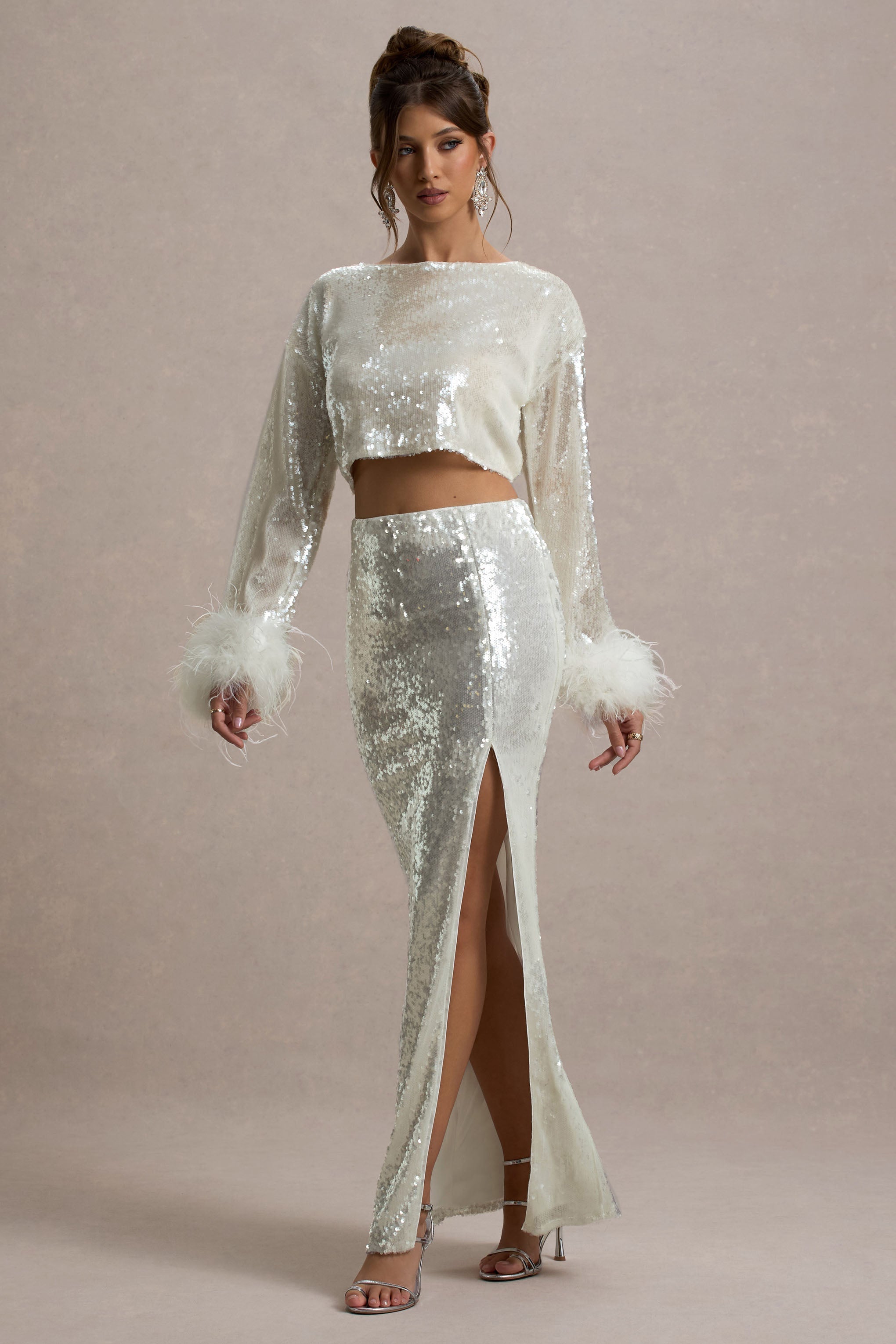 Solita | Sand Sequin Long-Sleeve Crop Top With Feather Trim