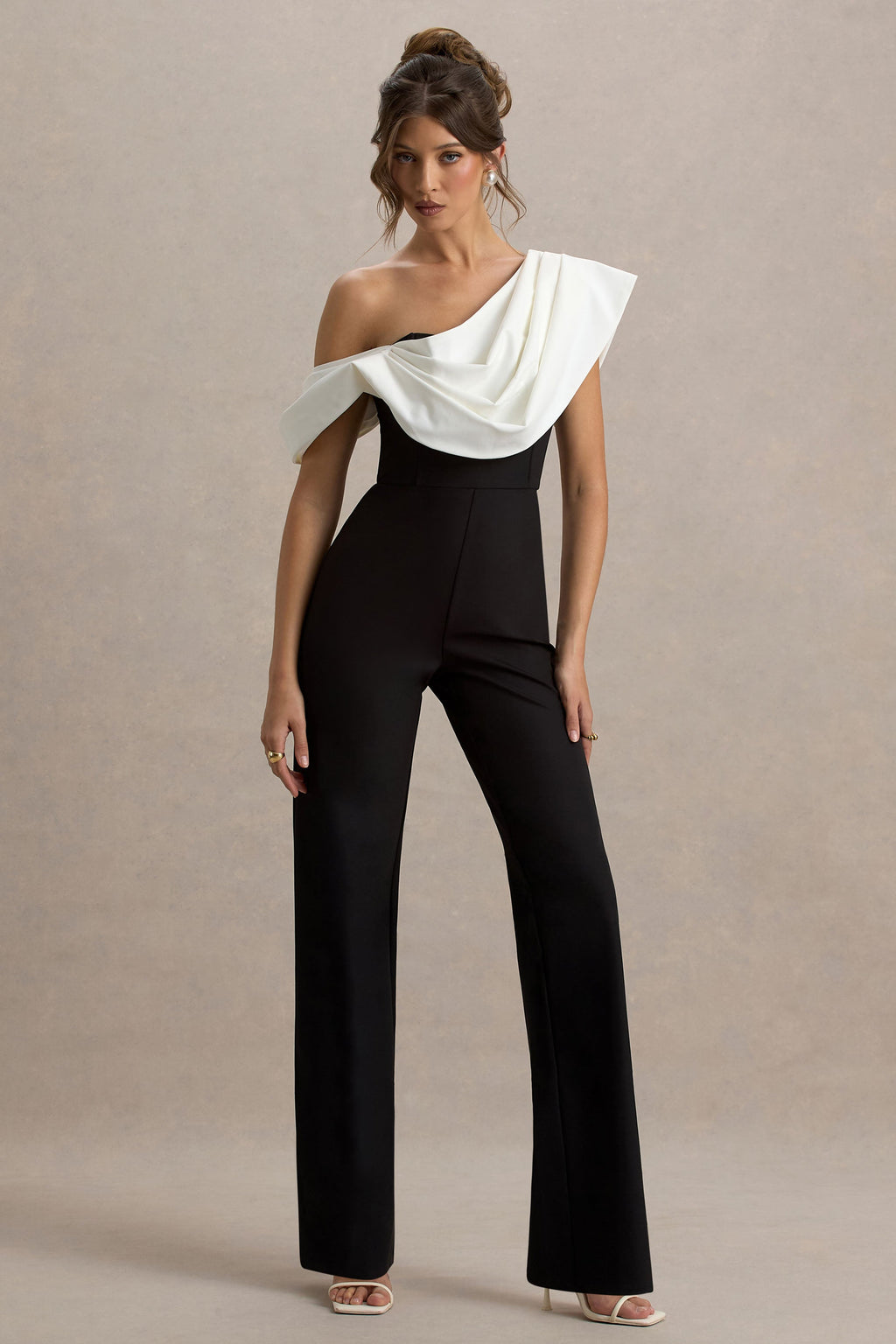 Falling For You | Black & White Asymmetric Draped Jumpsuit