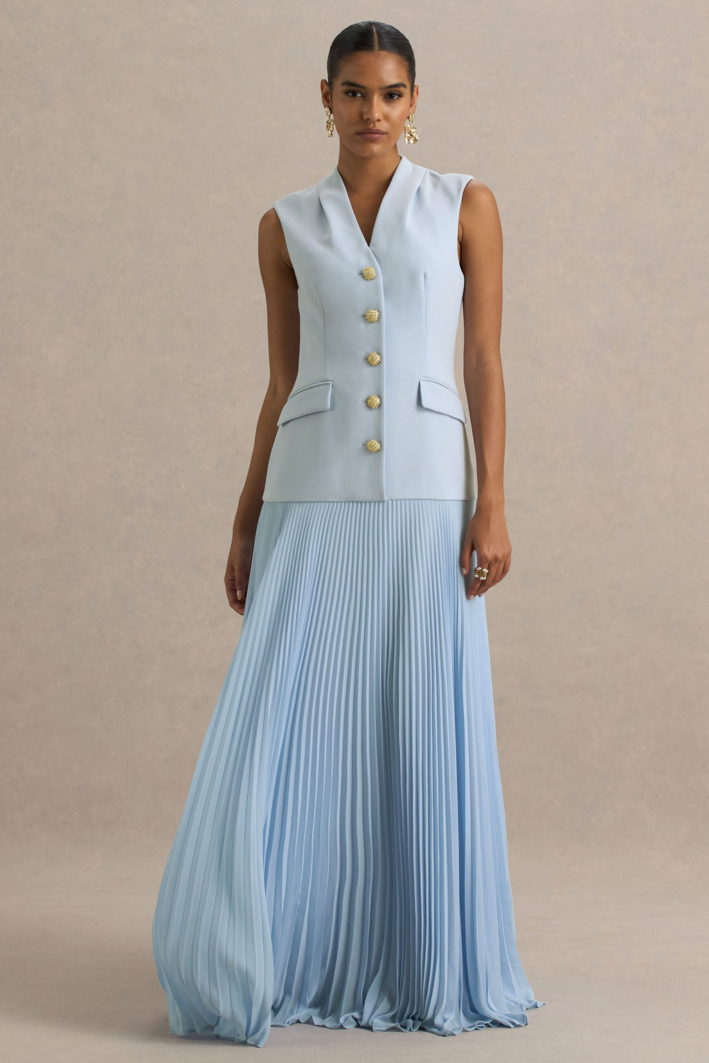Heavenly | Powder Blue High Neck Maxi Dress With Pleated Detailing