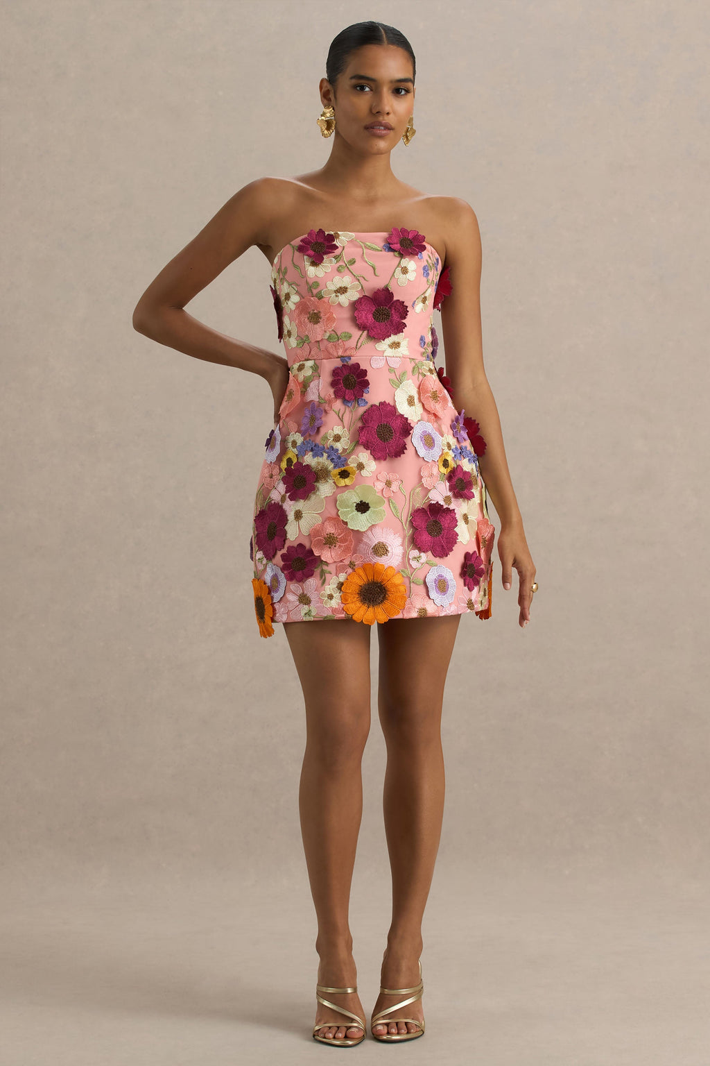 Kristen | Pink Floral Bandeau-Neck Mini Dress