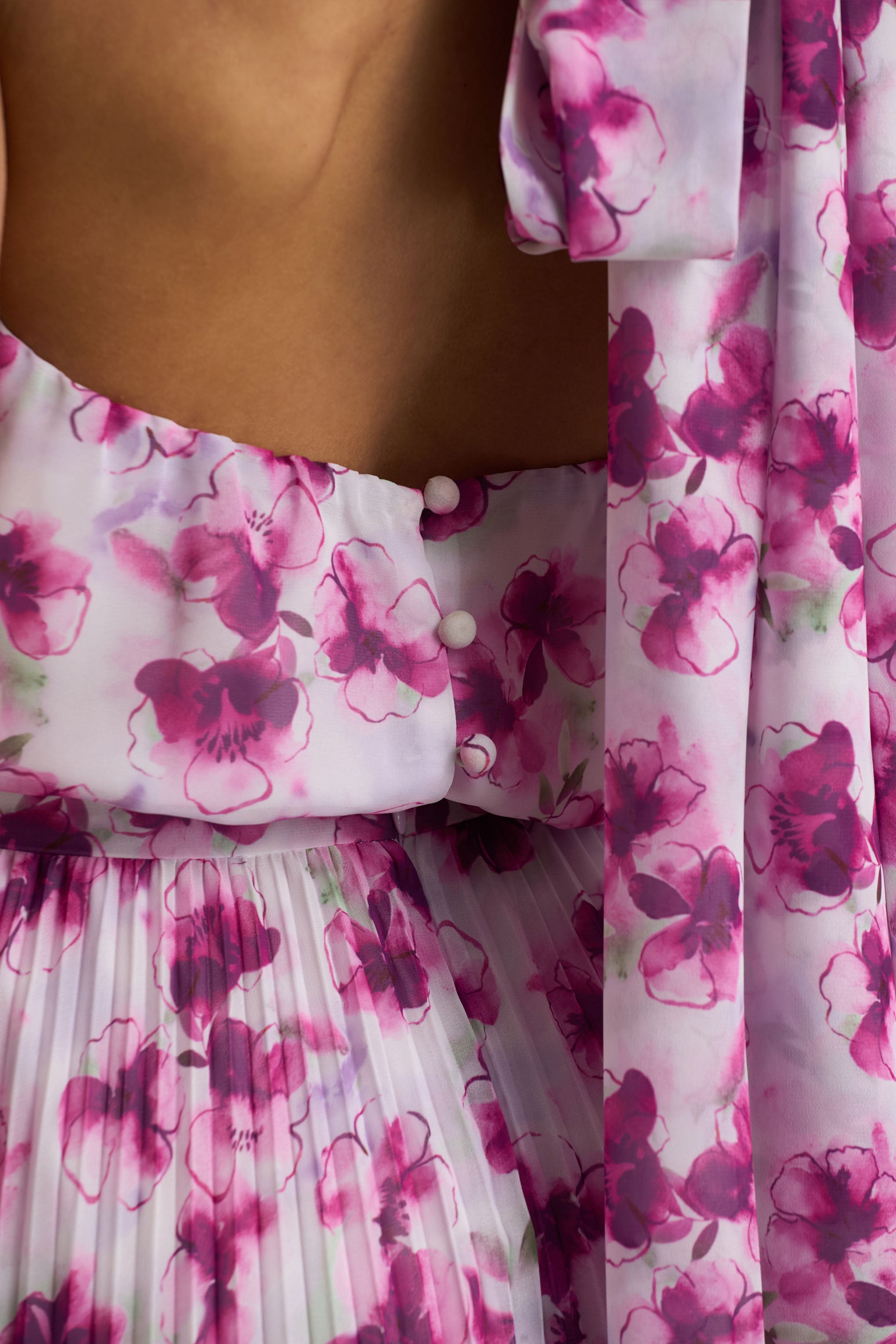 Refractive | Purple Floral Print Satin Maxi Dress With Halter-Neck and Pleated Skirt