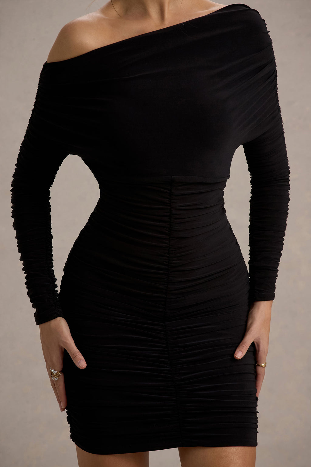 Zhara | Black Ruched One-Shoulder Bodycon Mini Dress