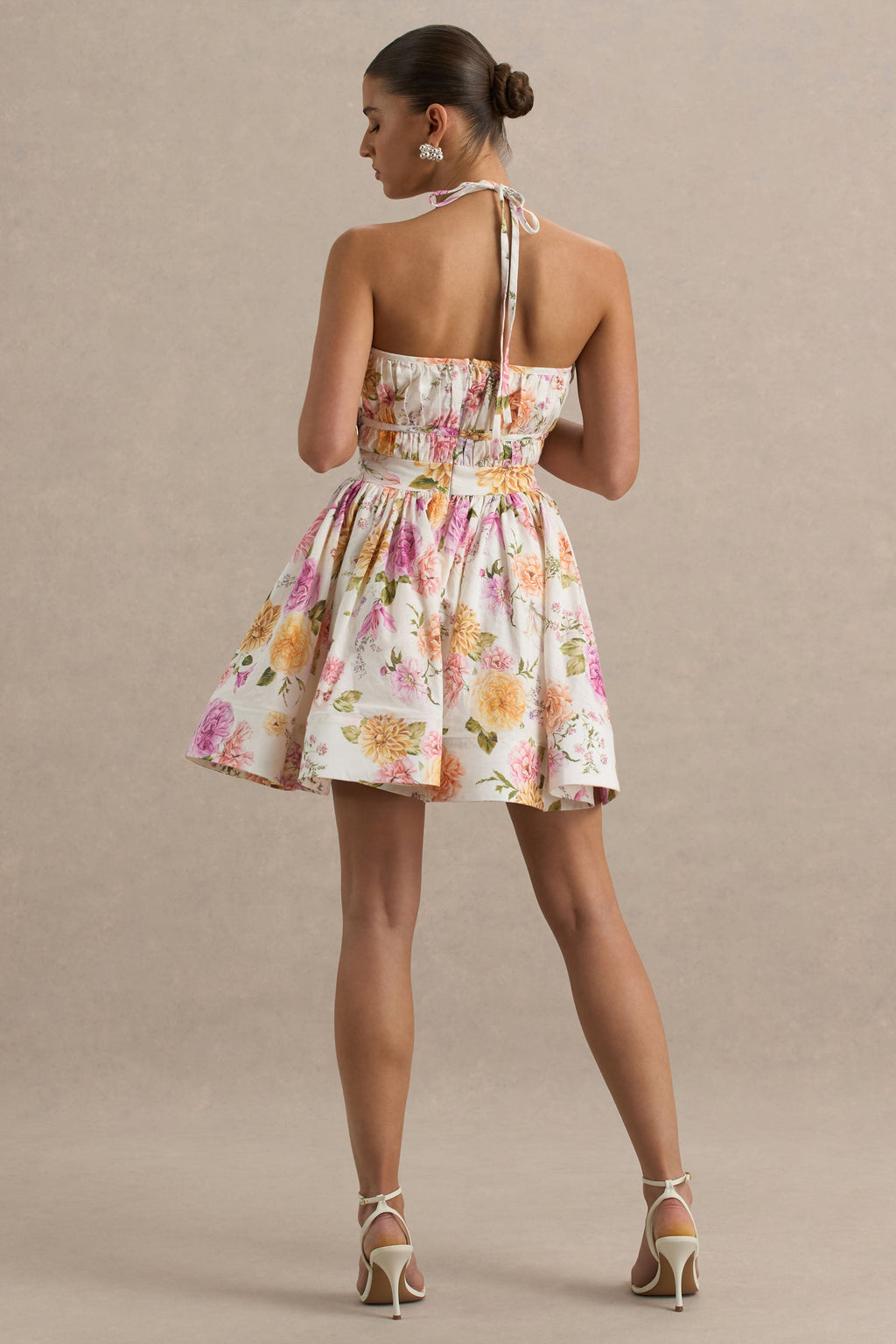 Kasey | Cream Floral Print Halter-Neck Mini Dress With Ruffle Detail