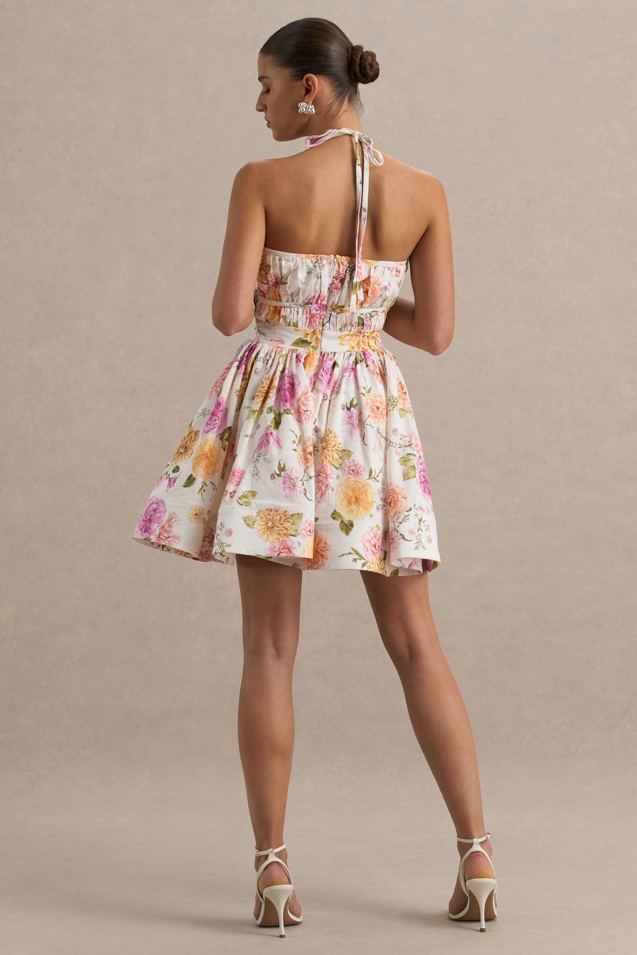 Kasey | Cream Floral Print Halter-Neck Mini Dress With Ruffle Detail