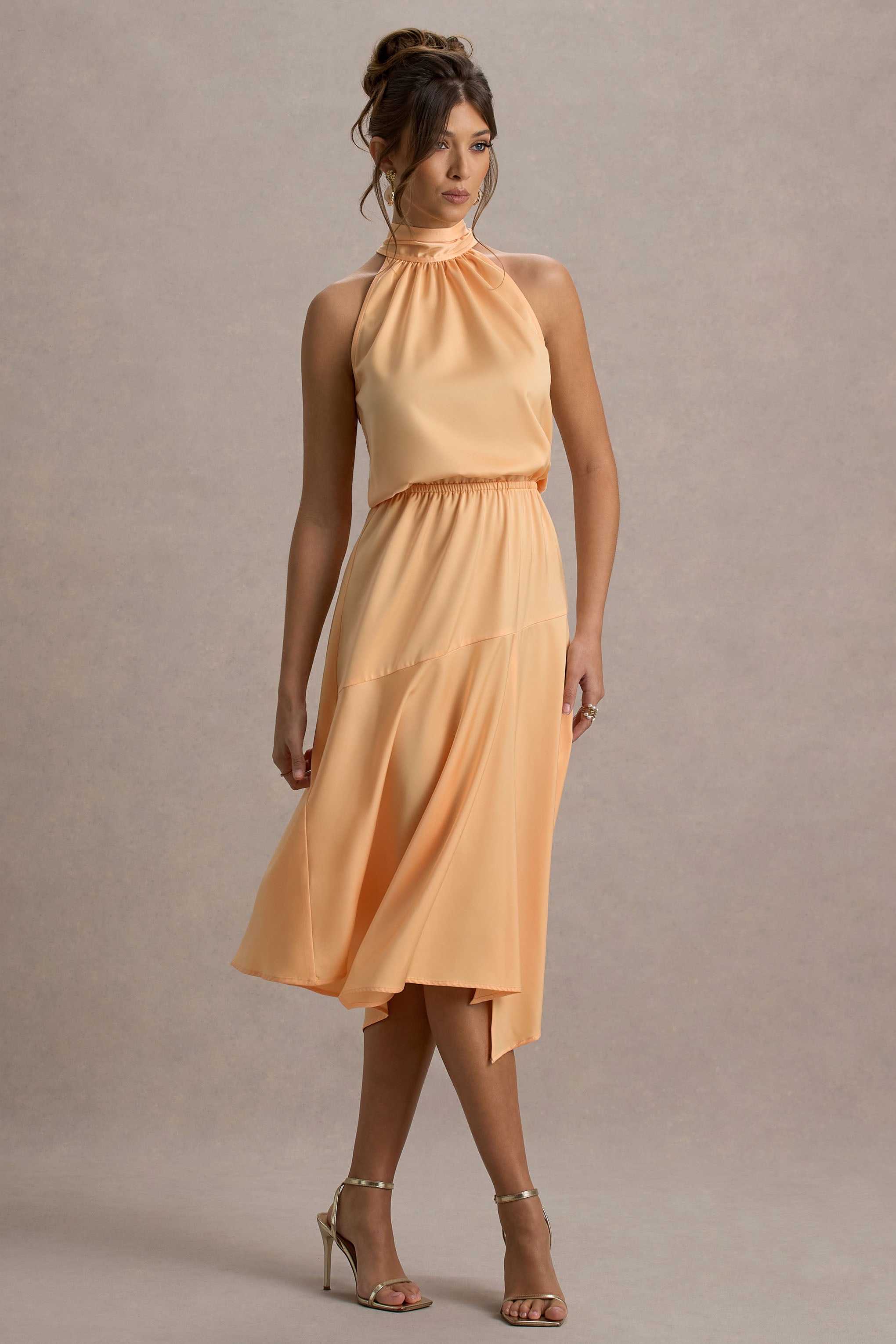 Palonia | Peach Satin High-Neck Split Midi Dress